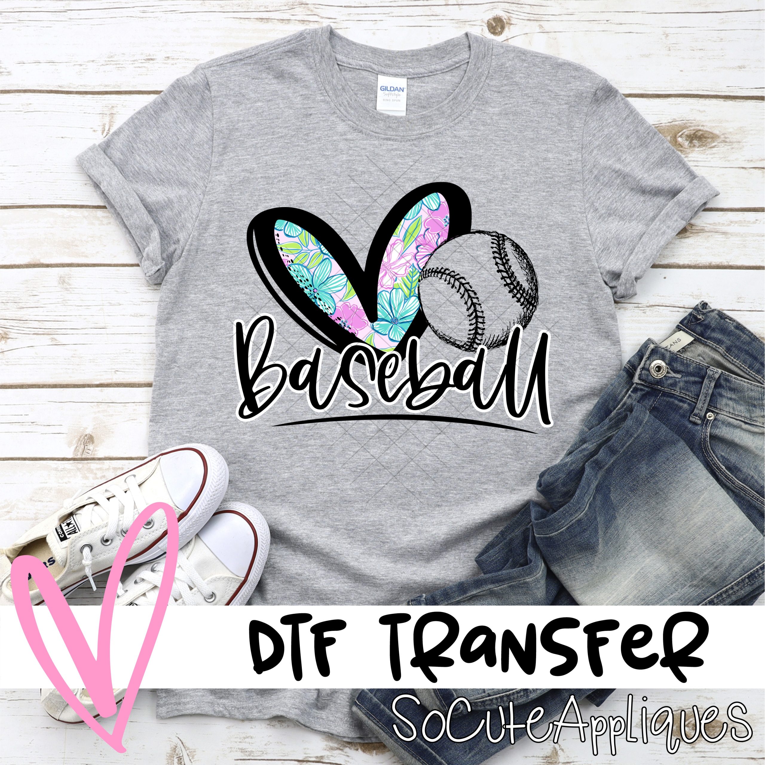 Heart baseball pink floral  *DTF* Transfer