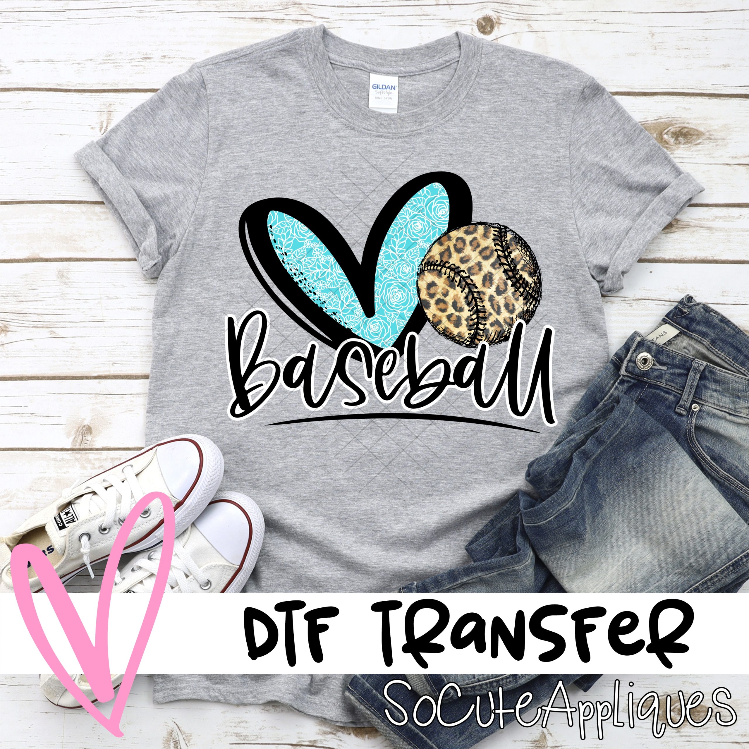 Heart baseball blue flower leopard  *DTF* Transfer