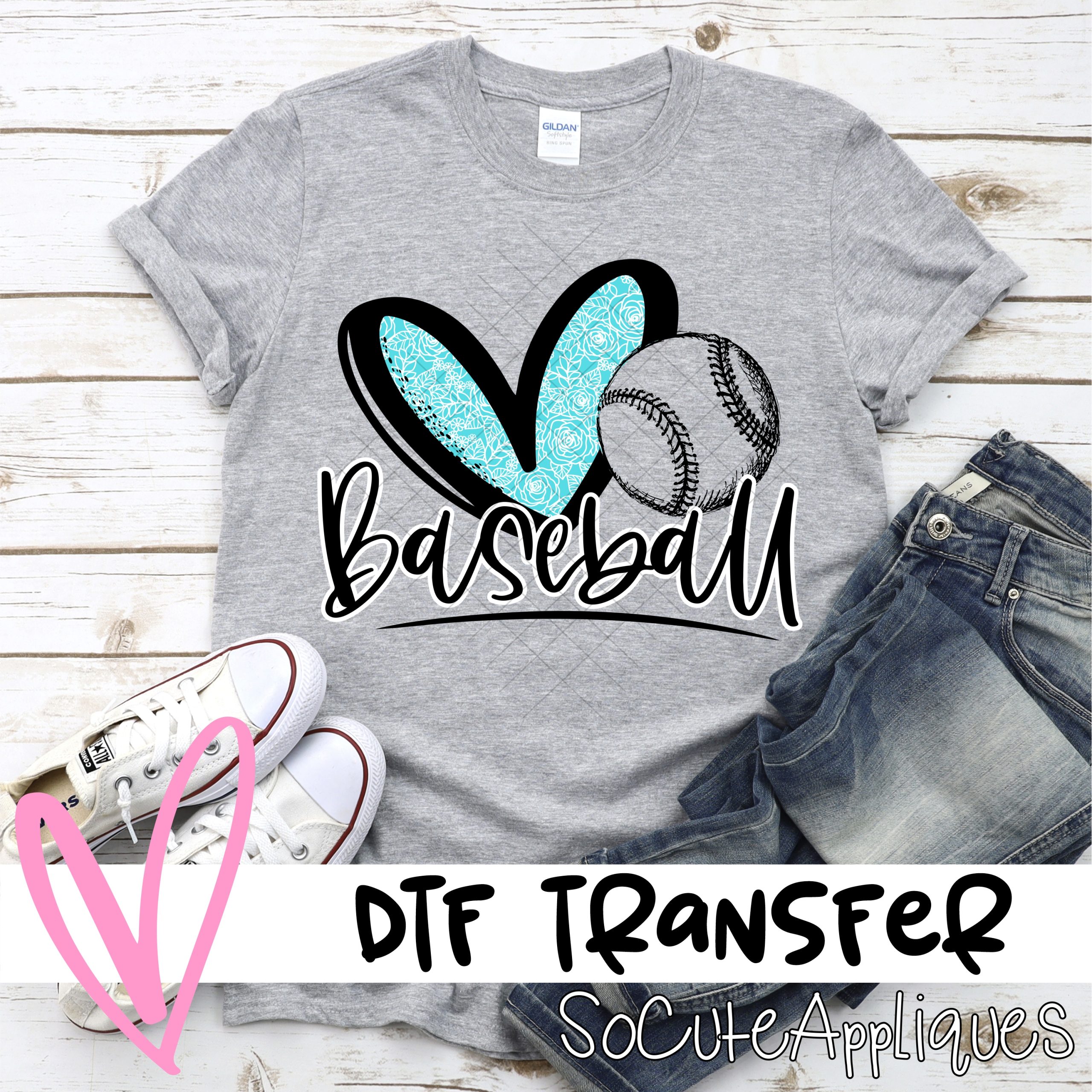 Heart baseball blue flower  *DTF* Transfer