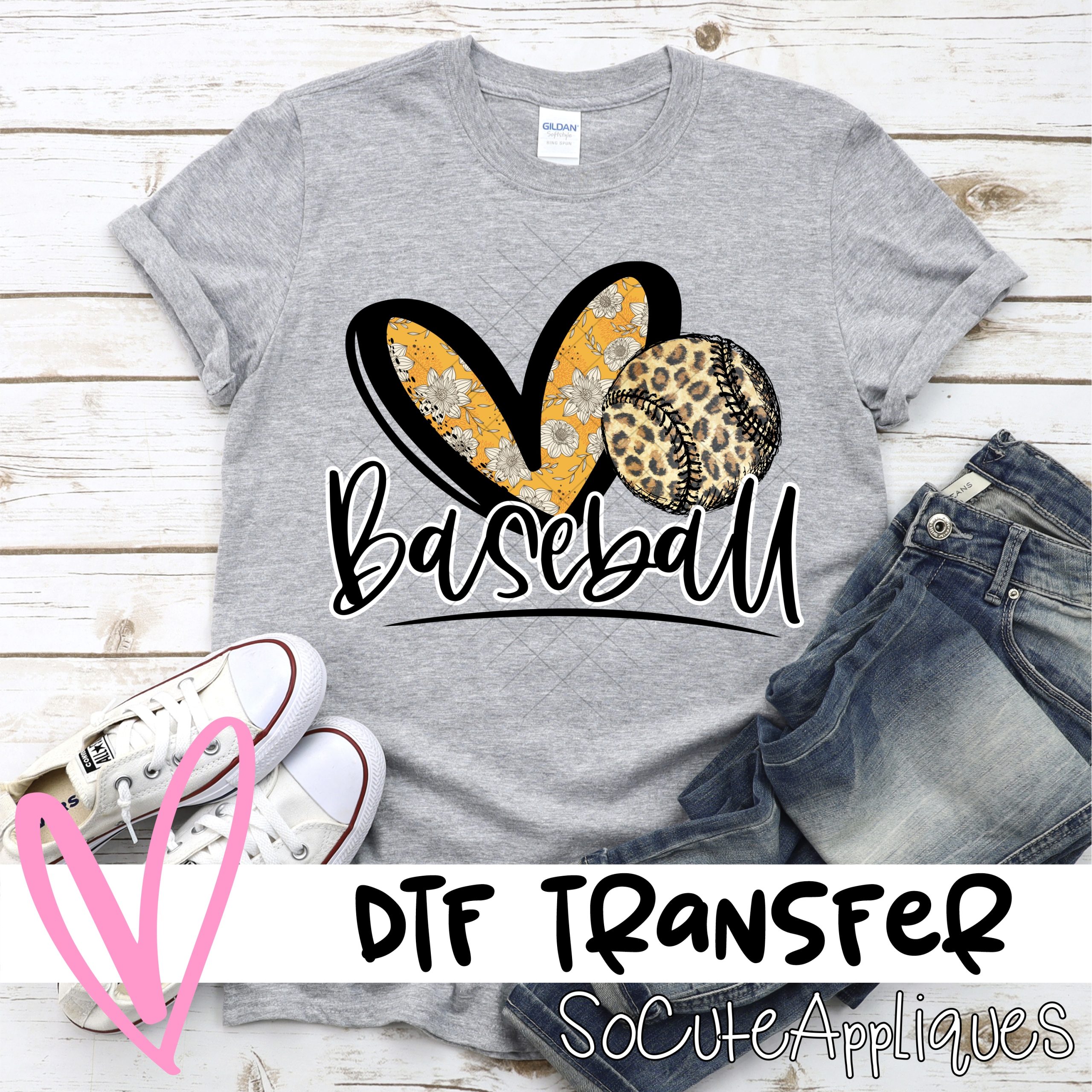 Heart baseball yellow flower leopard  *DTF* Transfer