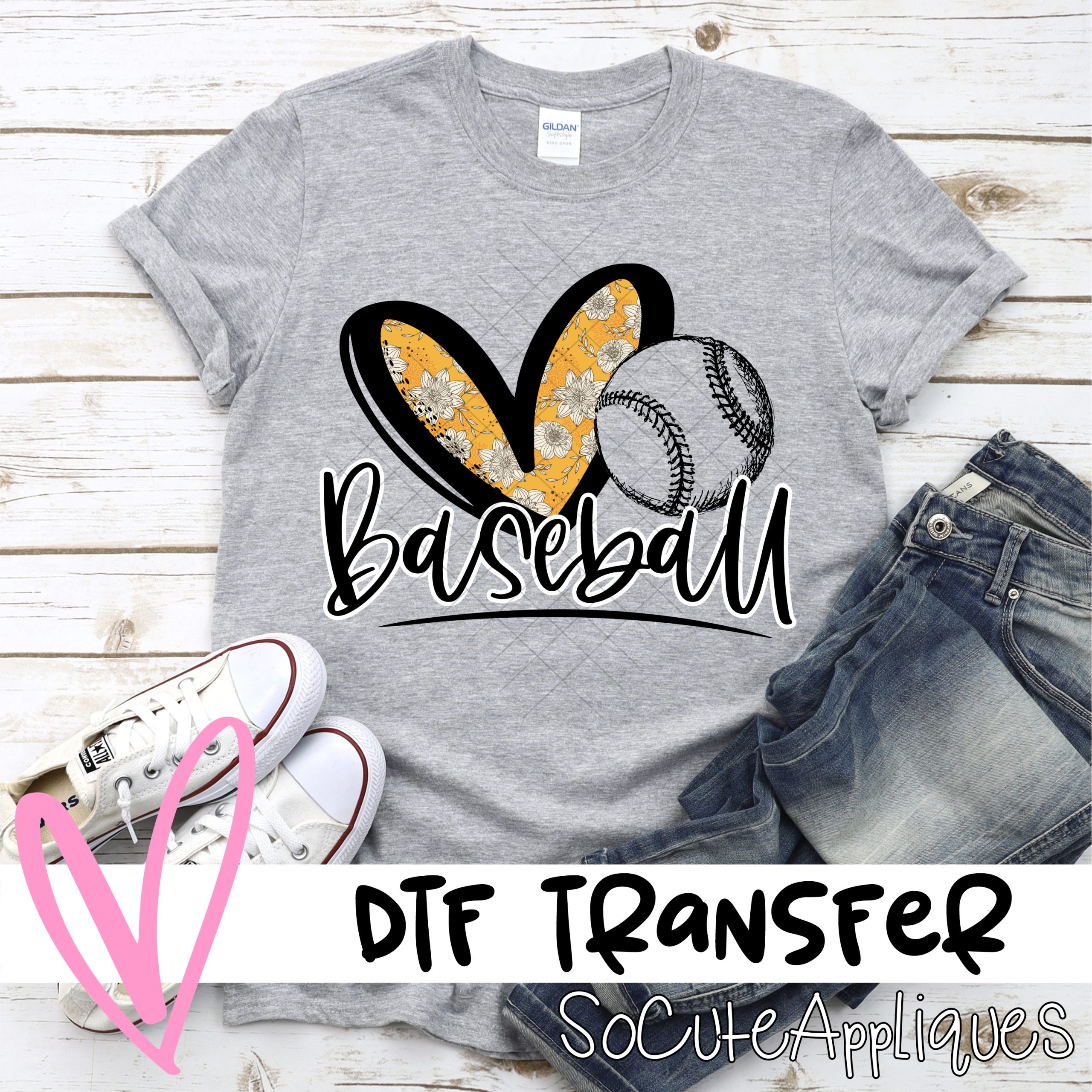 Heart baseball yellow flower  *DTF* Transfer