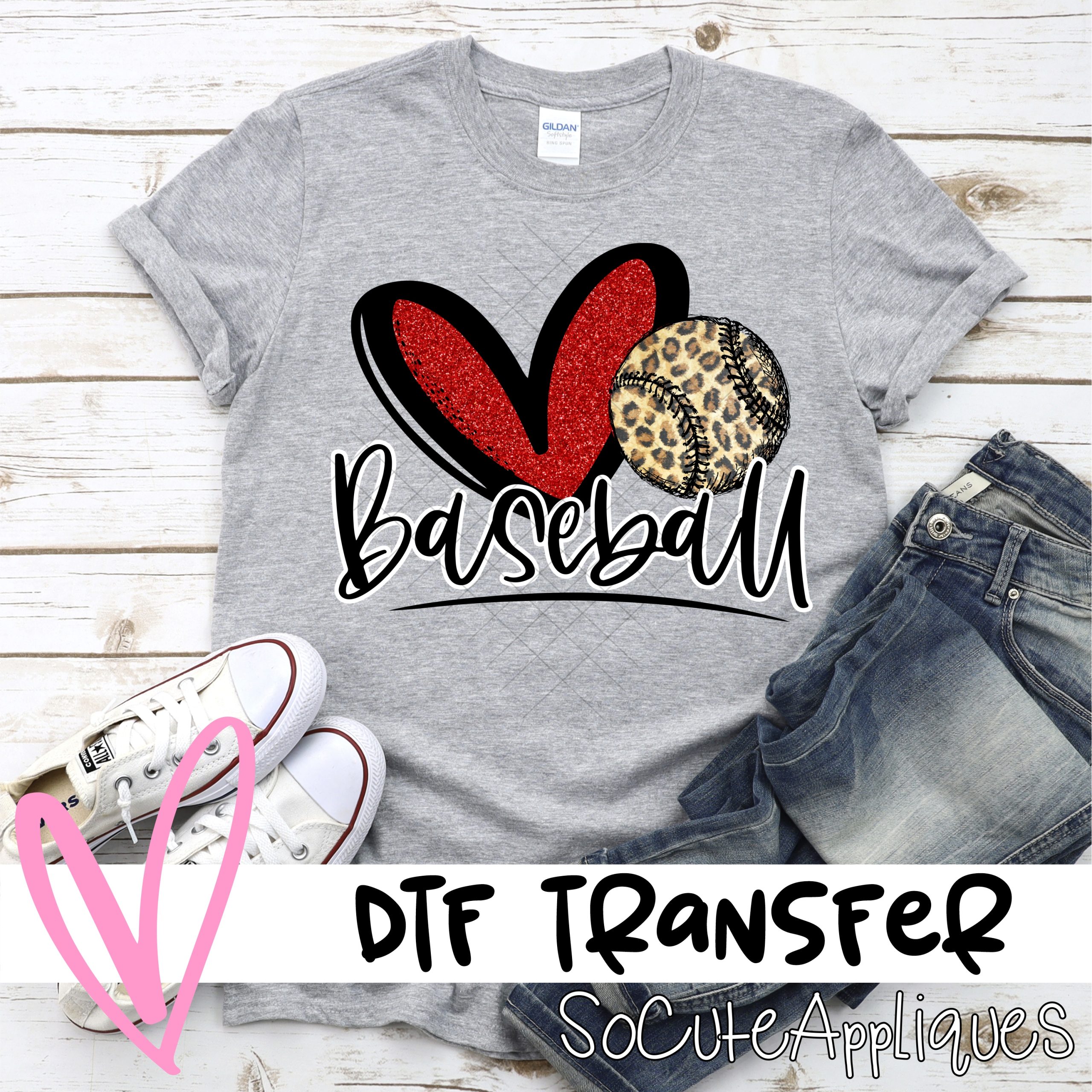Heart baseball red glitter leopard  *DTF* Transfer