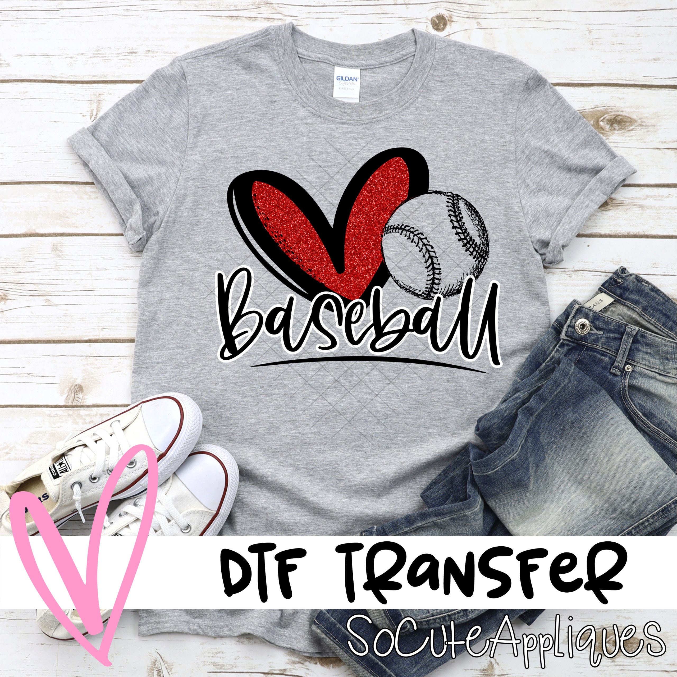 Heart baseball red glitter  *DTF* Transfer