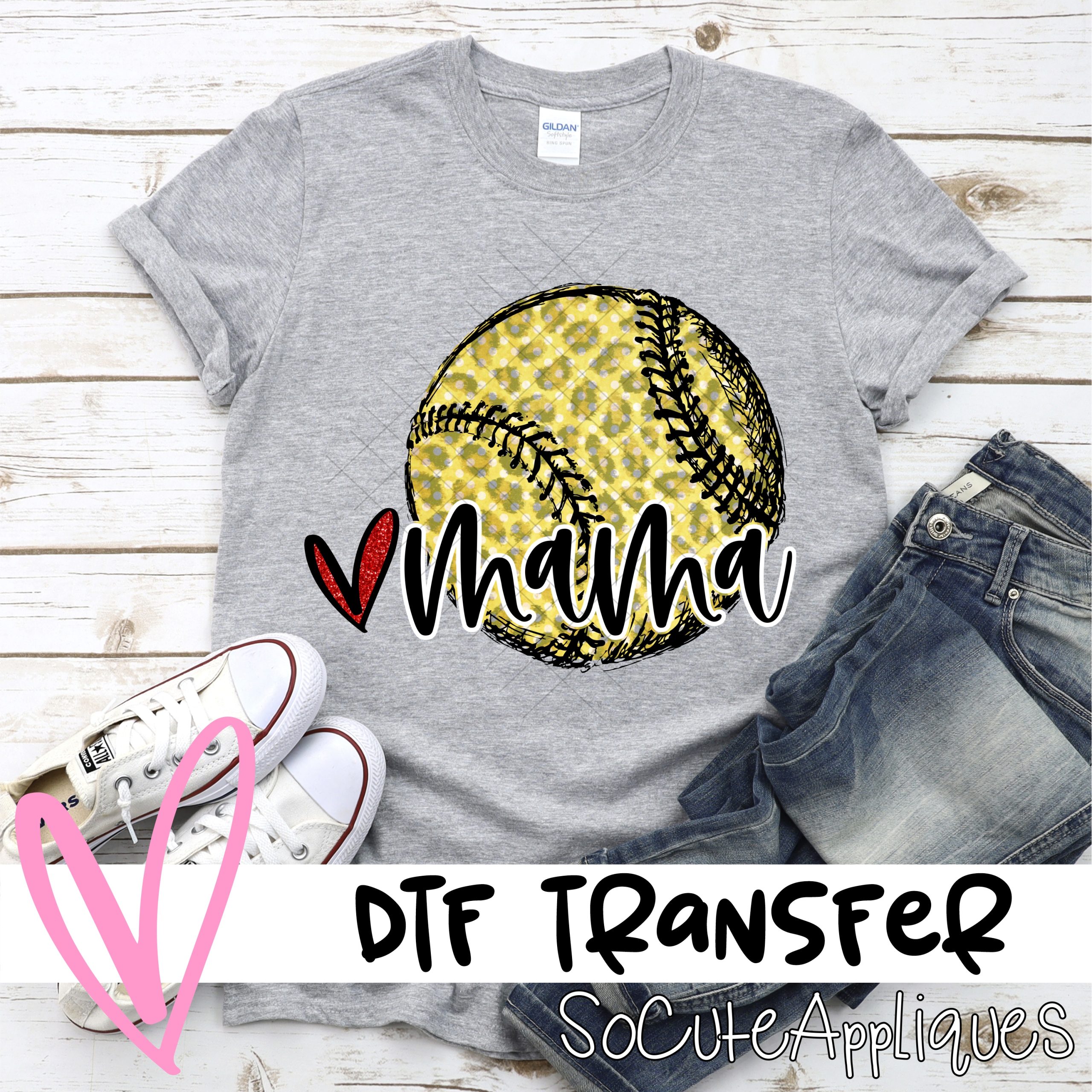 Mama ball yellow leopard red heart  *DTF* Transfer