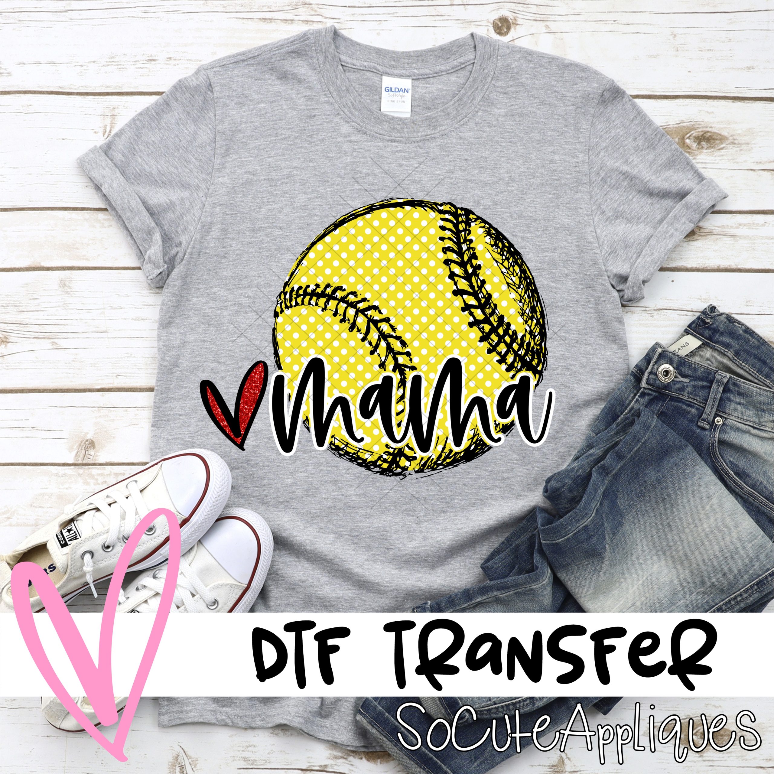 Mama ball yellow red heart  *DTF* Transfer