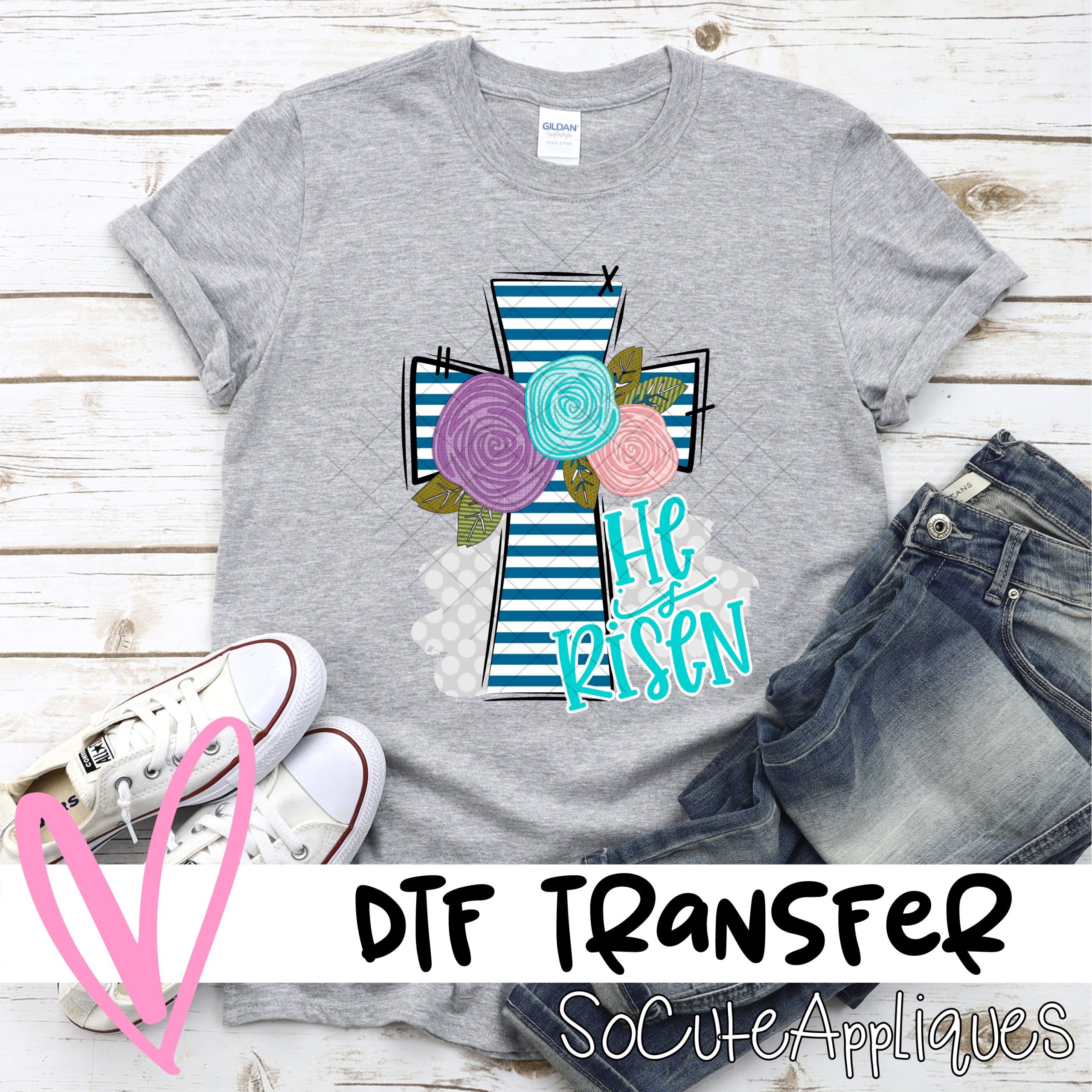 He is Risen navy stripe cross with flowers  *DTF* Transfer