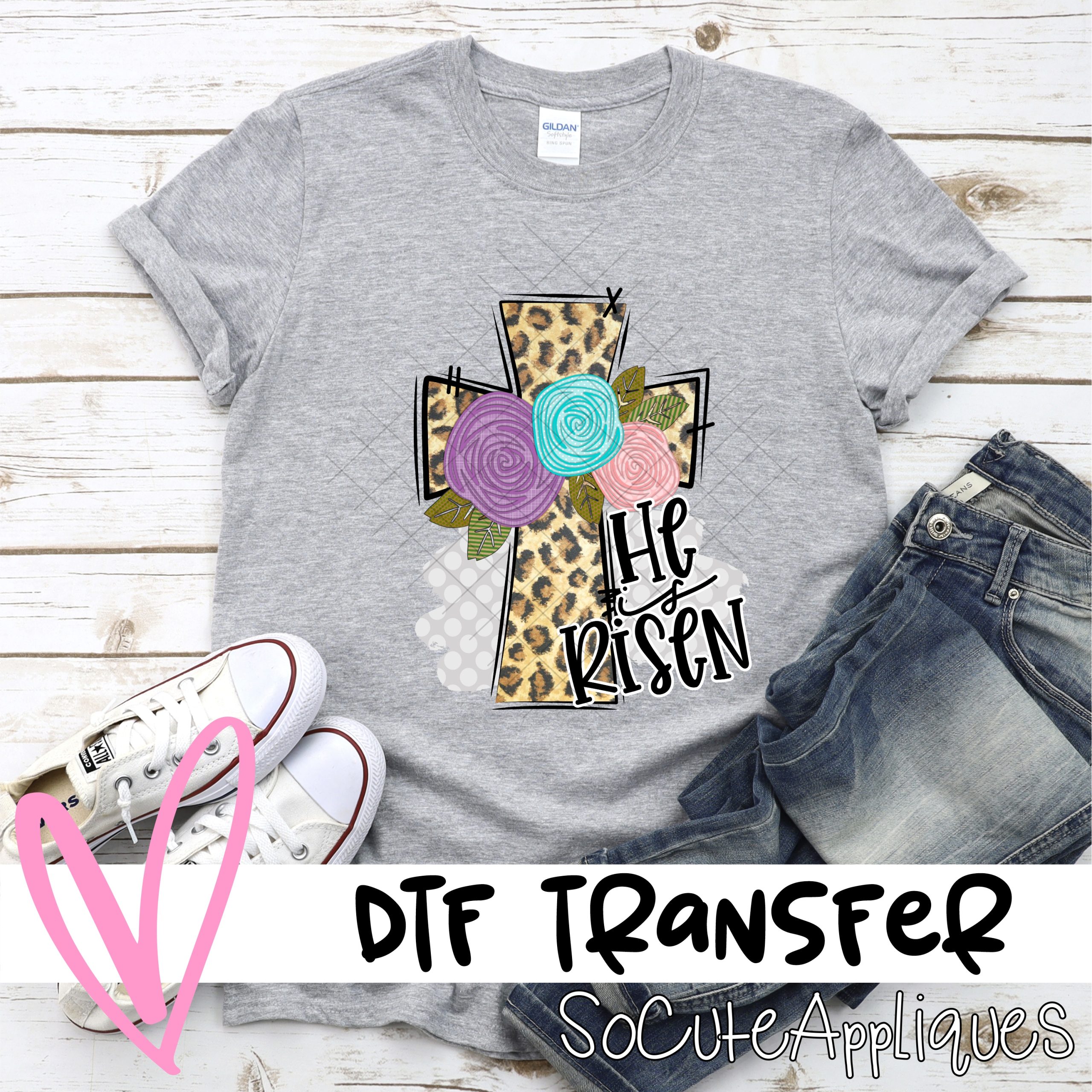 He is Risen leopard cross with flowers  *DTF* Transfer