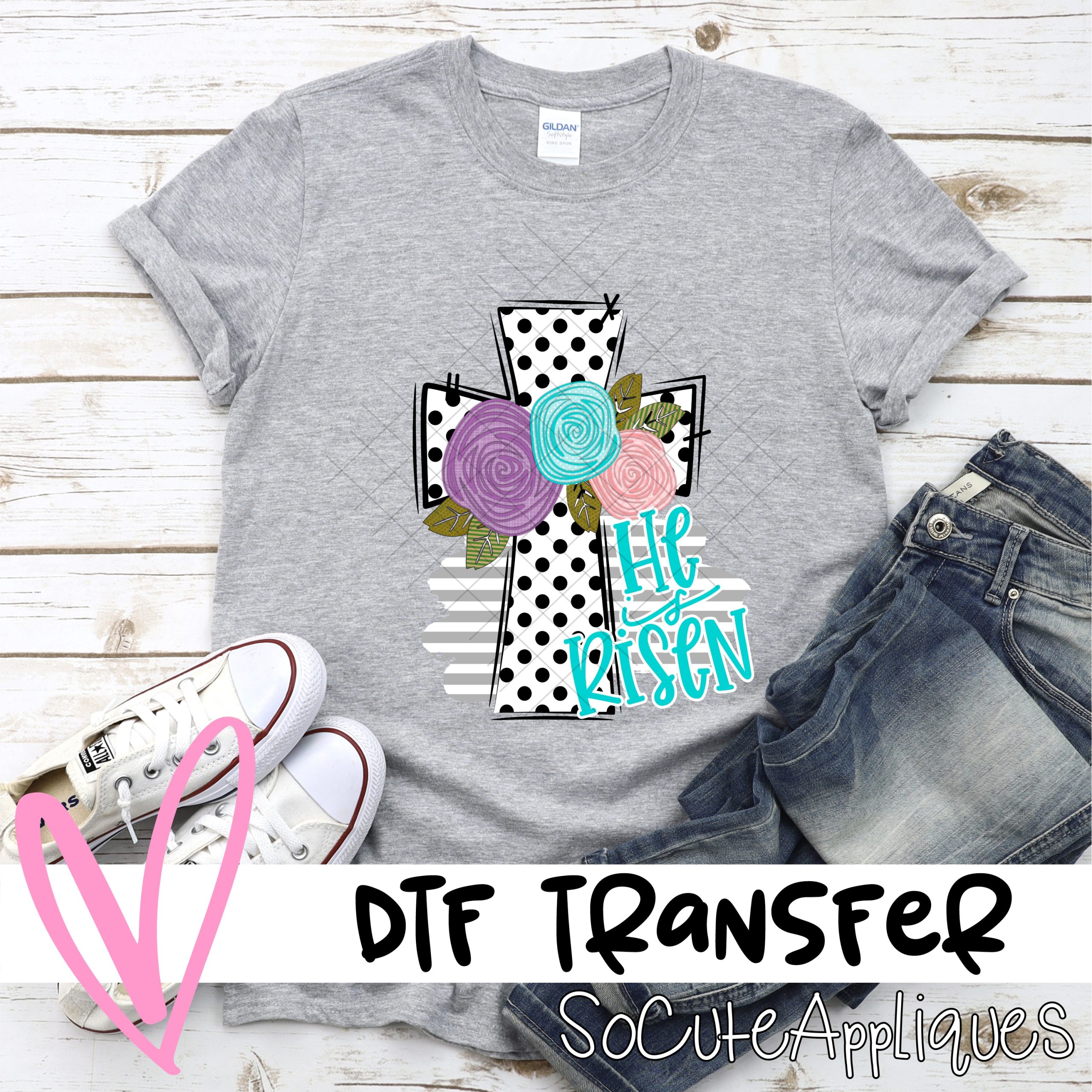 He is Risen polka dot cross with flowers  *DTF* Transfer