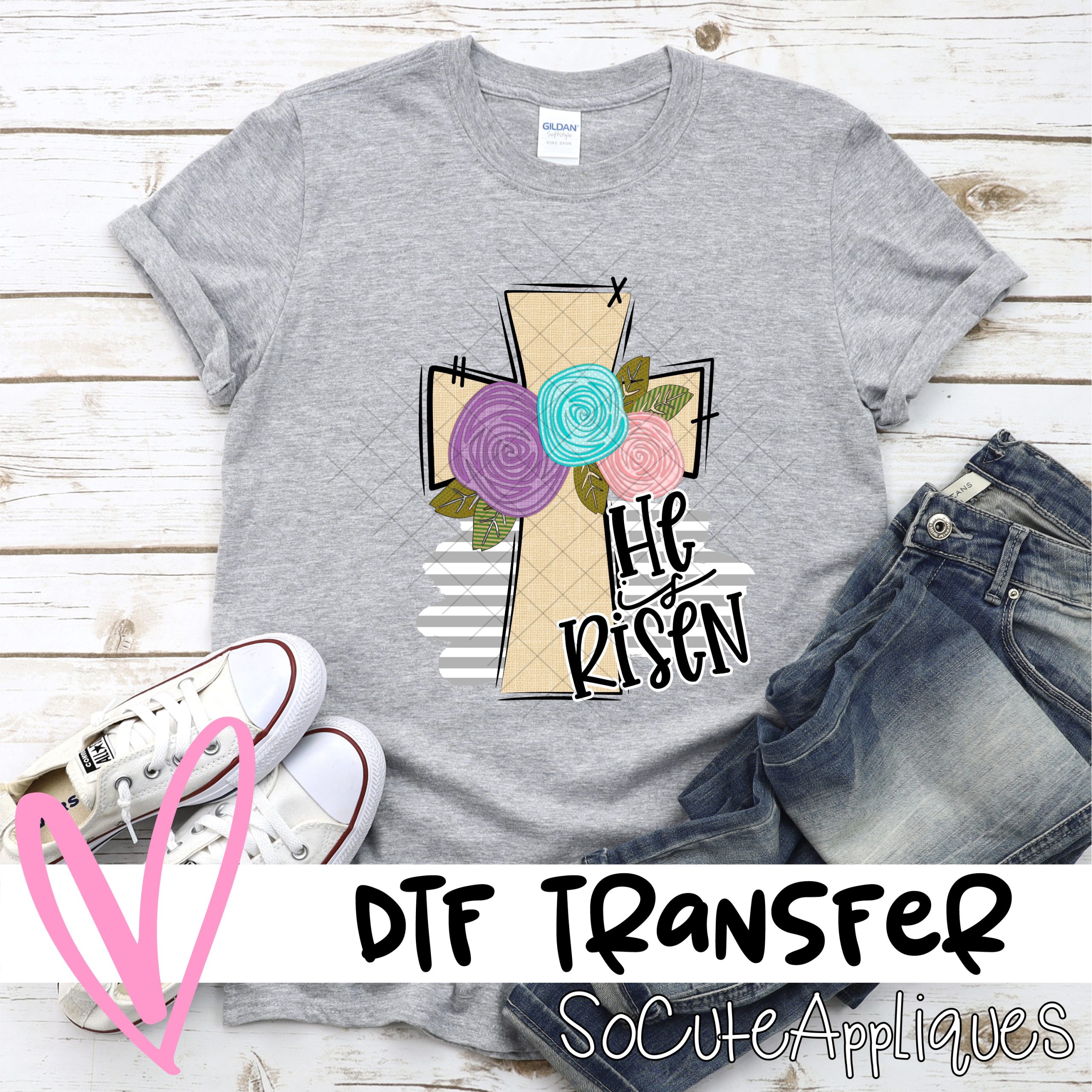He is Risen burlap cross with flowers  *DTF* Transfer