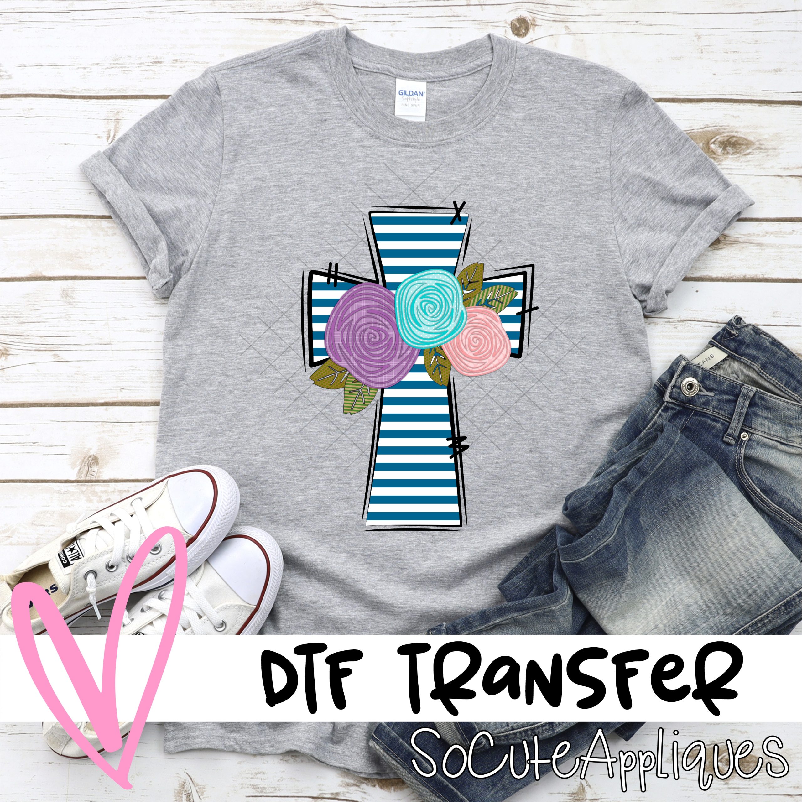 Navy stripe cross with flowers  *DTF* Transfer