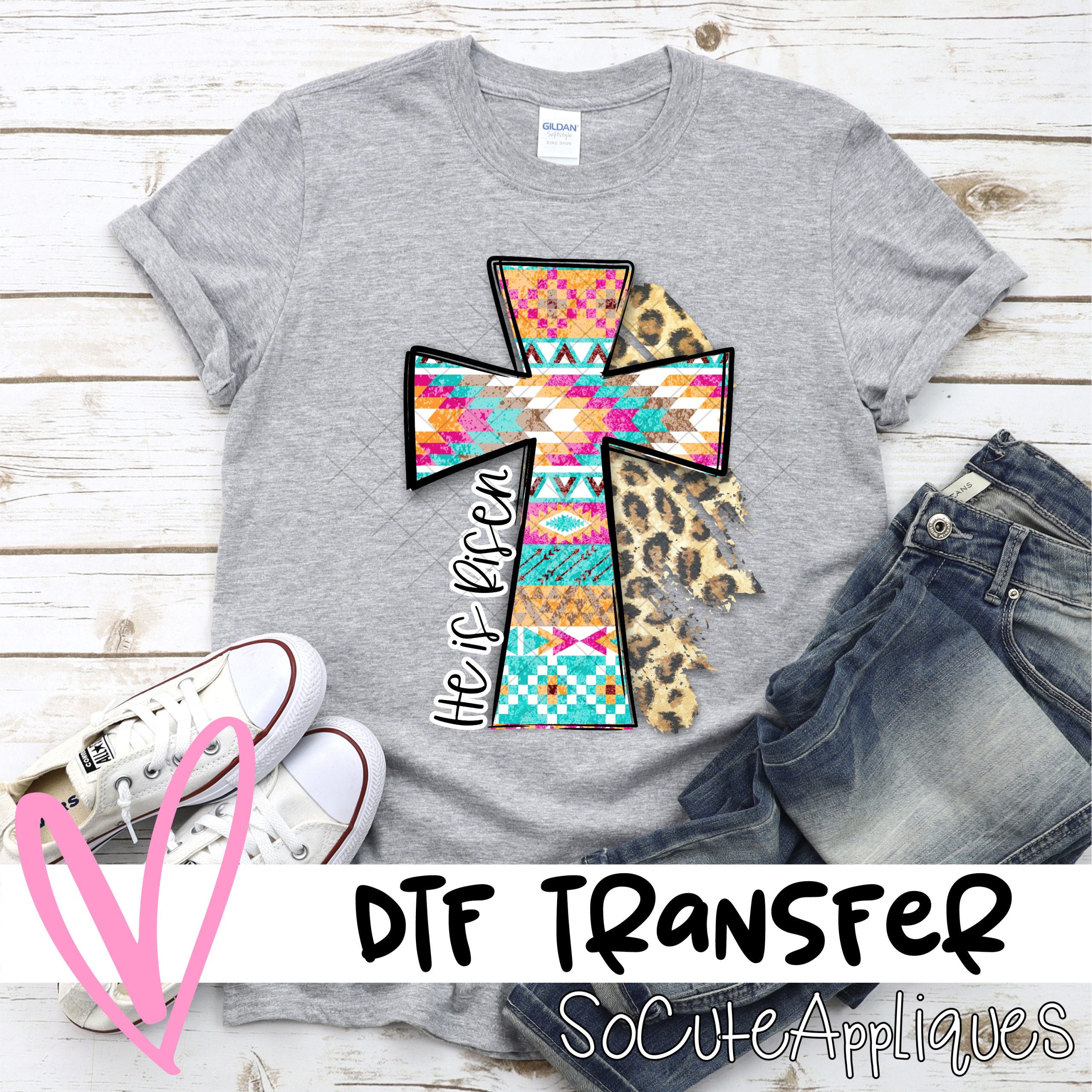 He is Risen serape cross on leopard  *DTF* Transfer