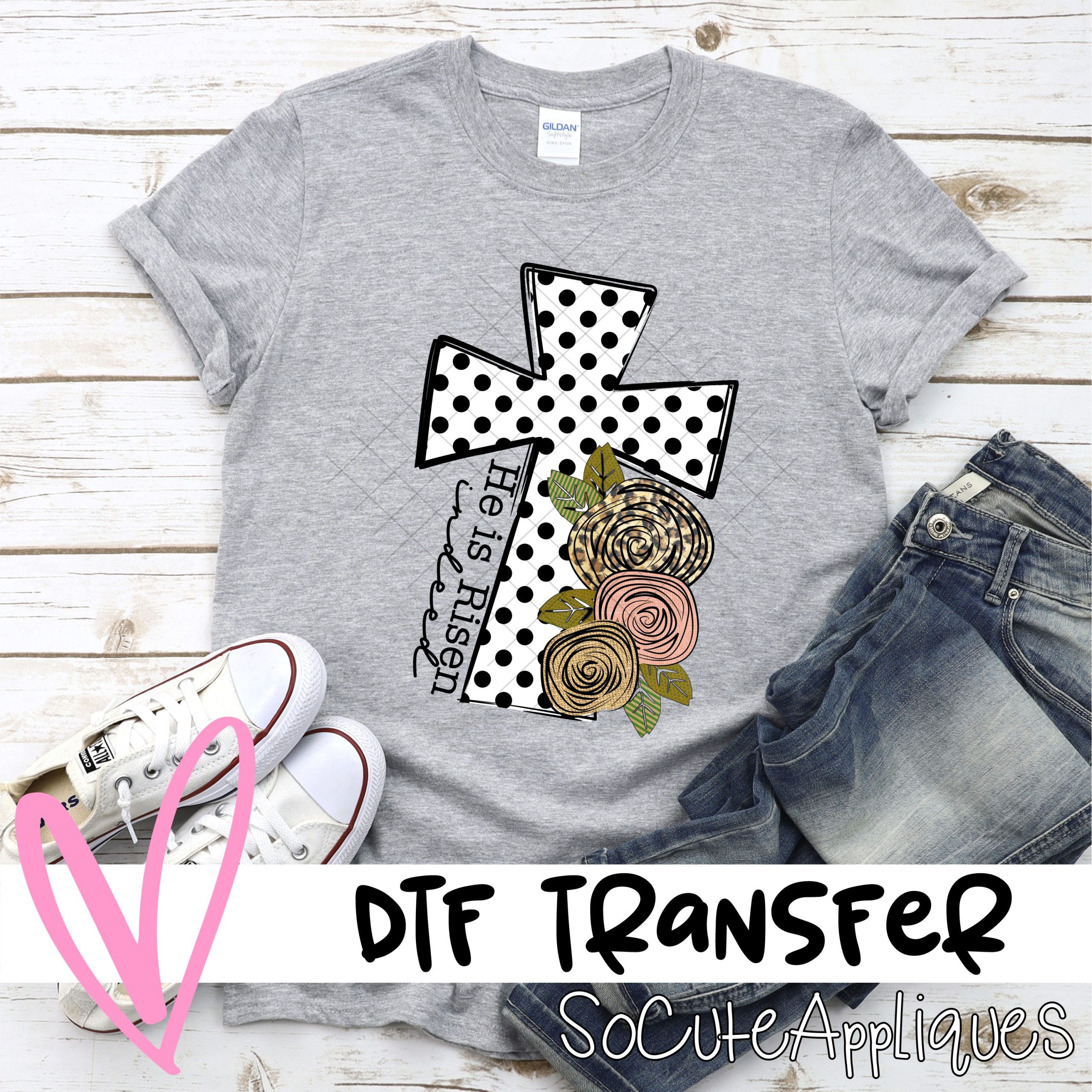 He is Risen indeed polka dot cross horizontal  *DTF* Transfer