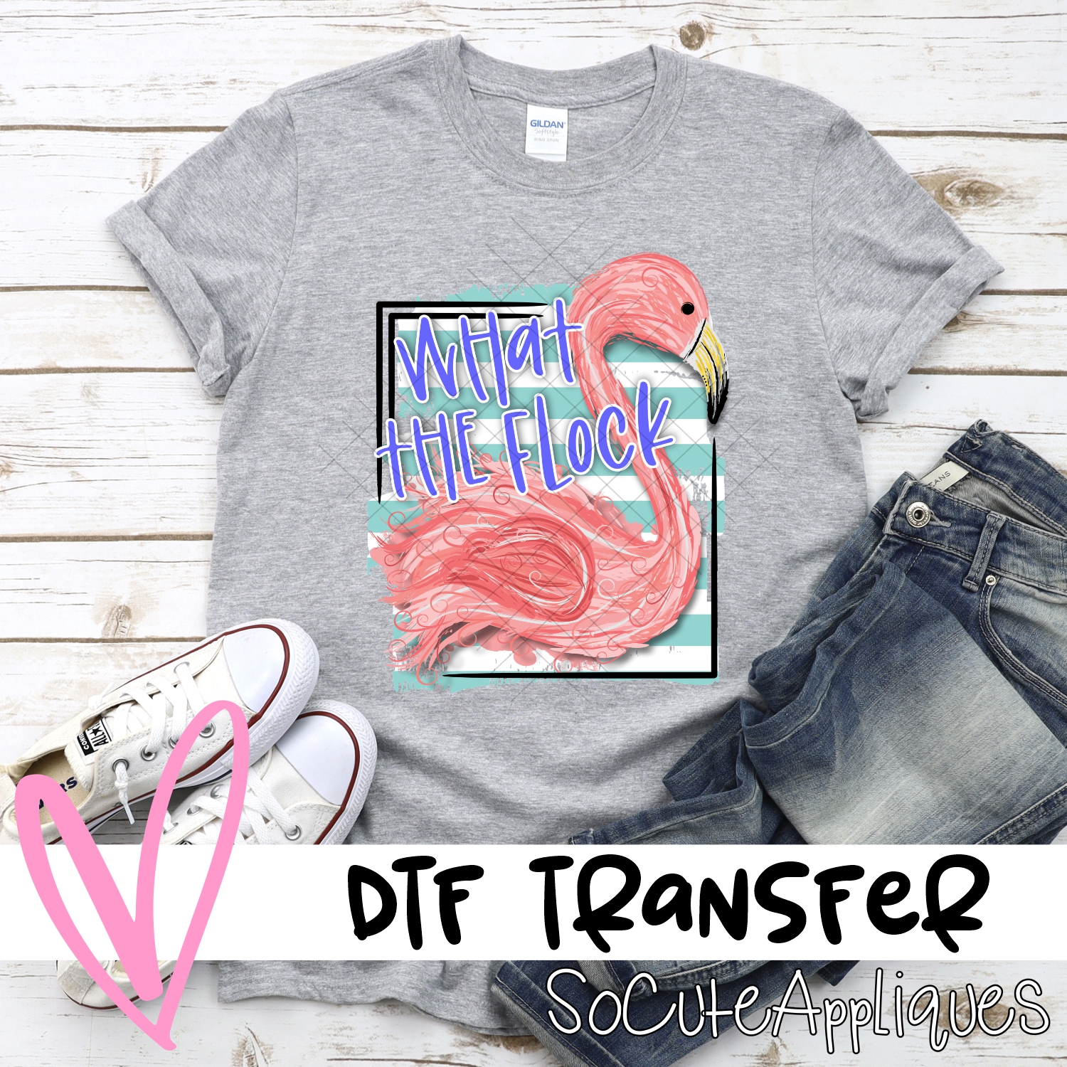 What the Flock flamingo square blue stripes  *DTF* Transfer