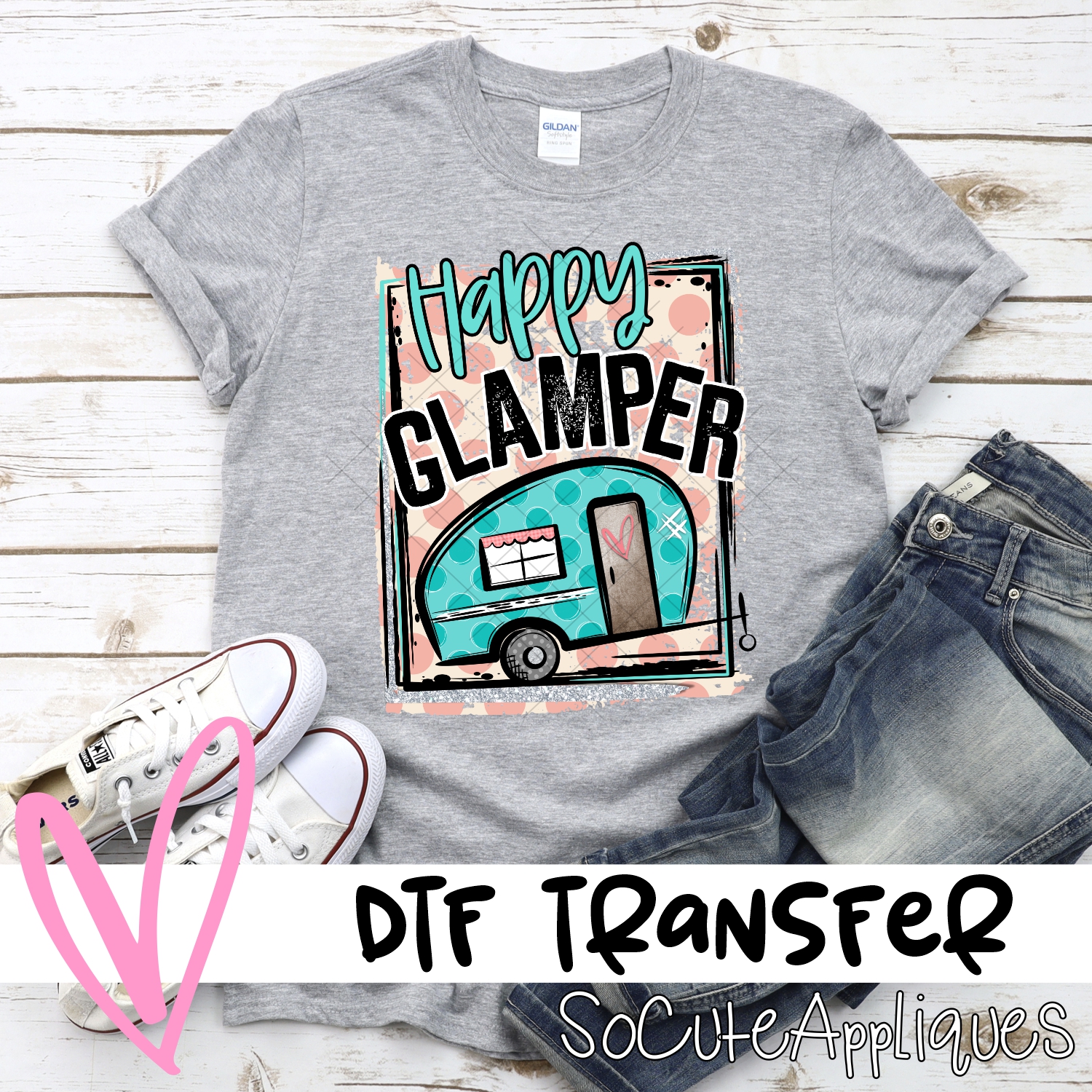 Happy Glamper blue dot on pink dot  *DTF* Transfer