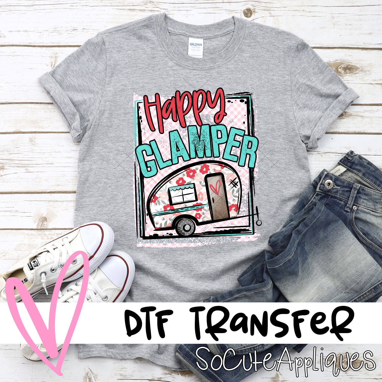 Happy Glamper flower on pink gingham  *DTF* Transfer