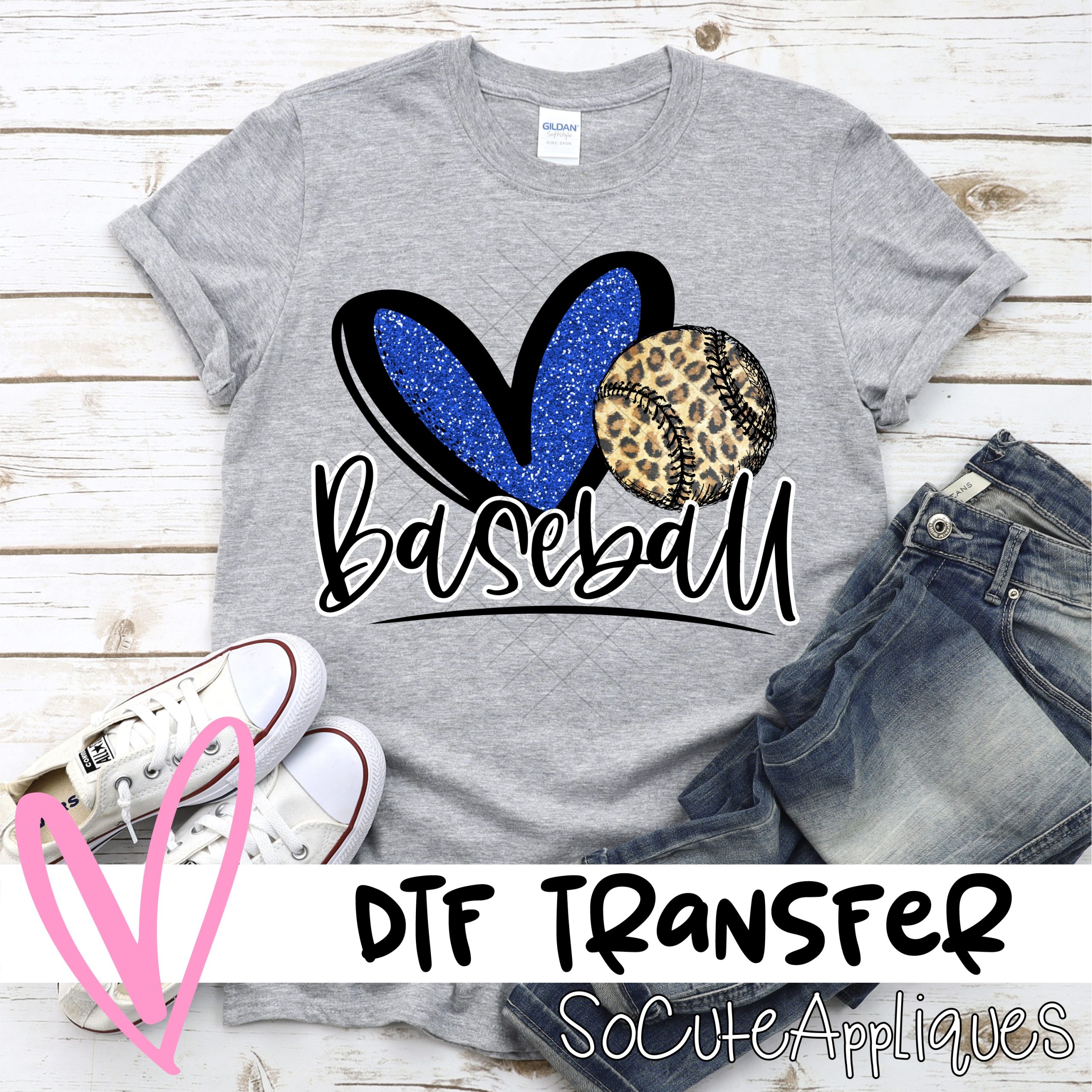 Heart baseball royal blue glitter leopard  *DTF* Transfer