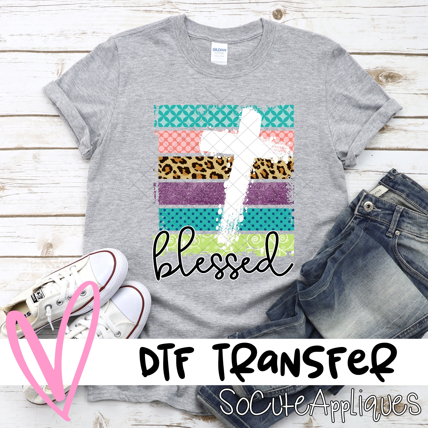 Blessed white cross on stripes  *DTF* Transfer