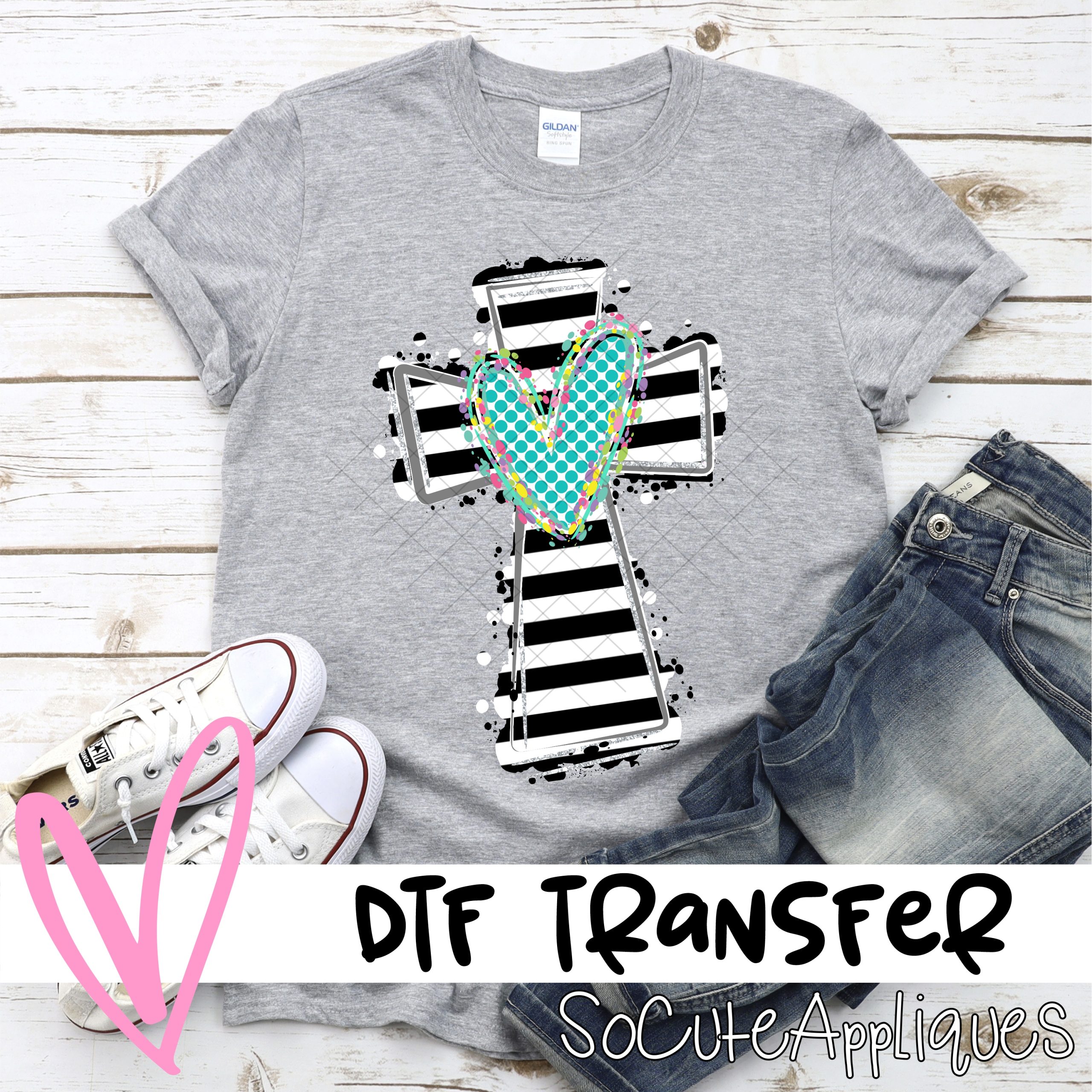Black stripe cross blue heart  *DTF* Transfer