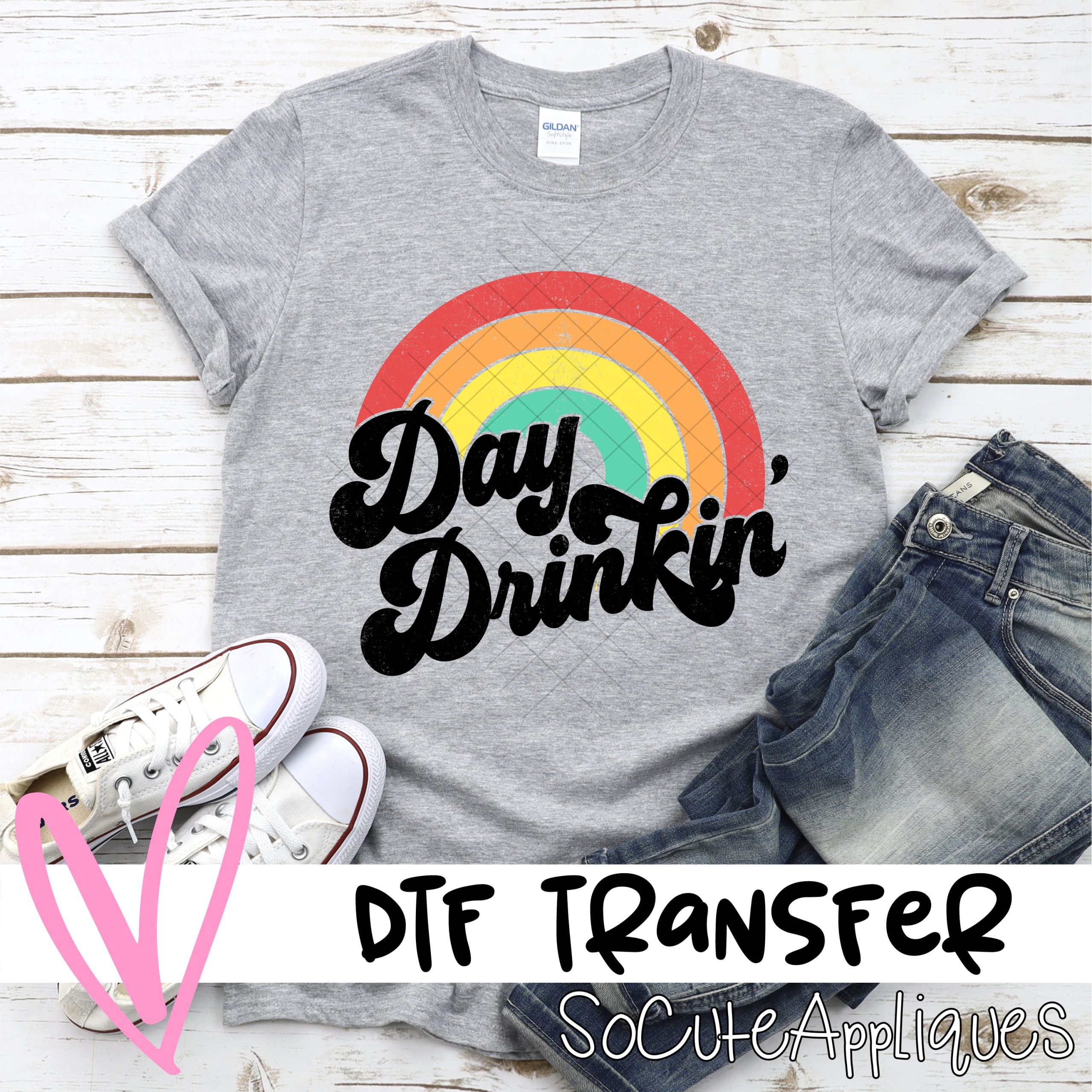 day drinkin vintage rainbow distressed *DTF* Transfer