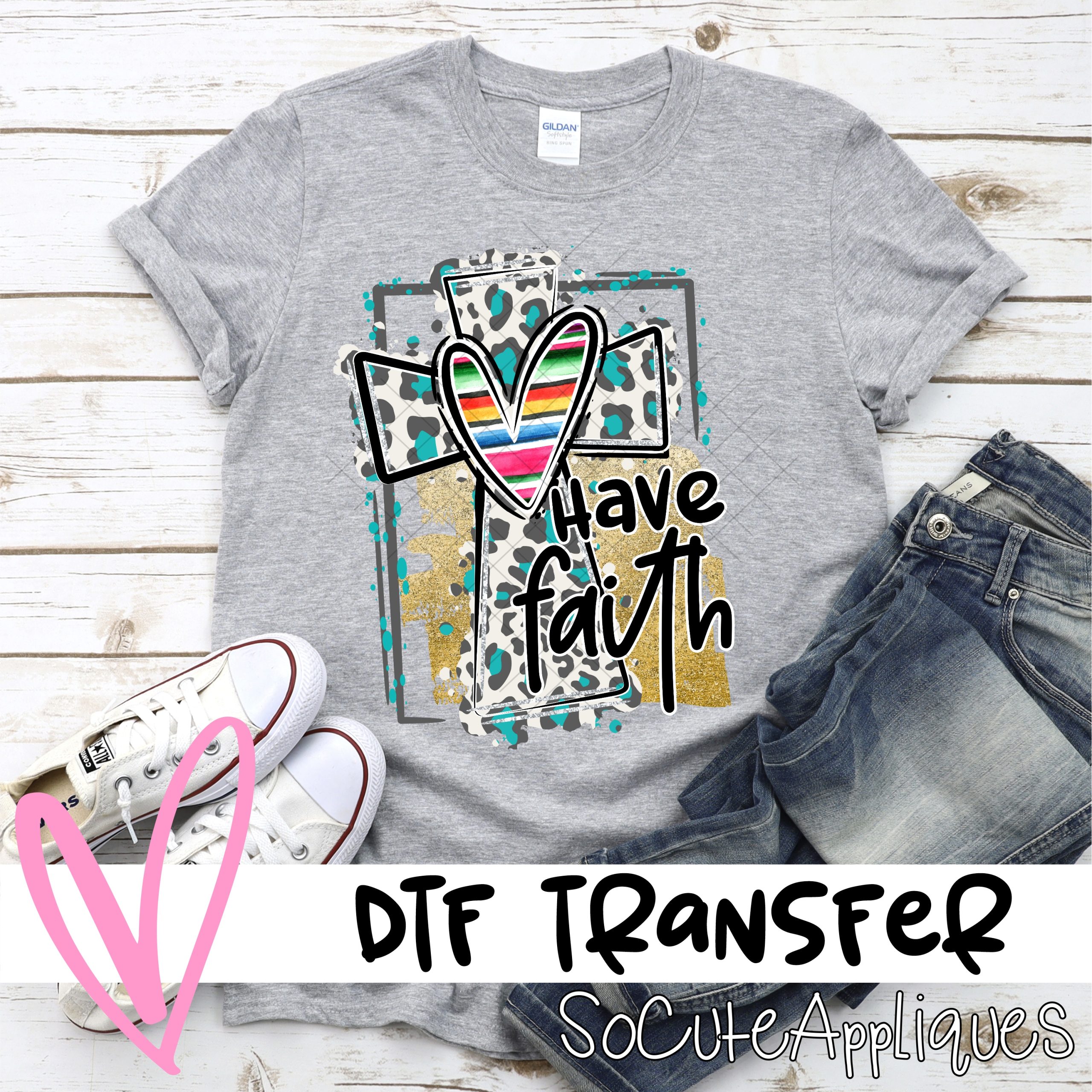 Have faith blue leopard cross on gold  *DTF* Transfer