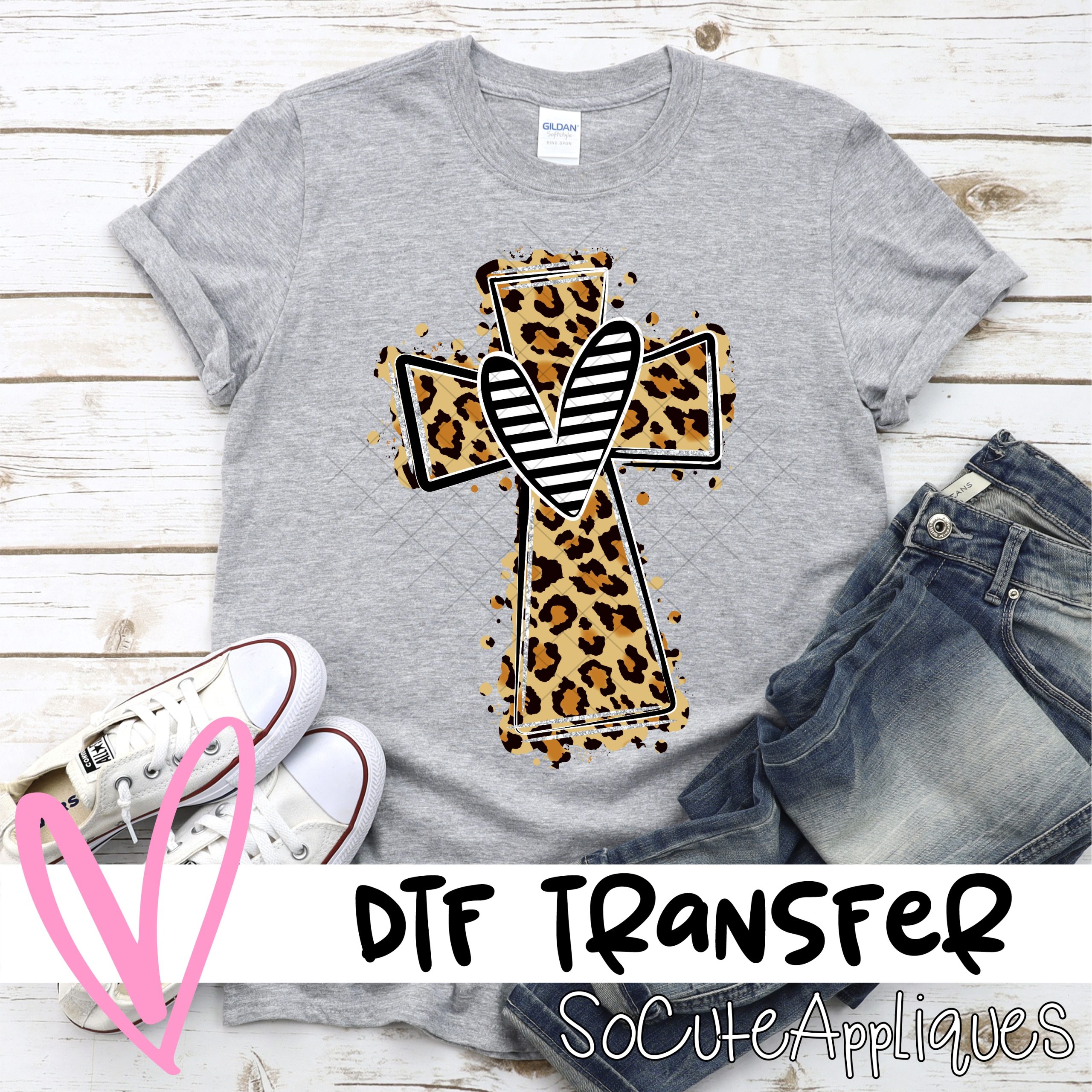 Leopard cross black stripe heart  *DTF* Transfer