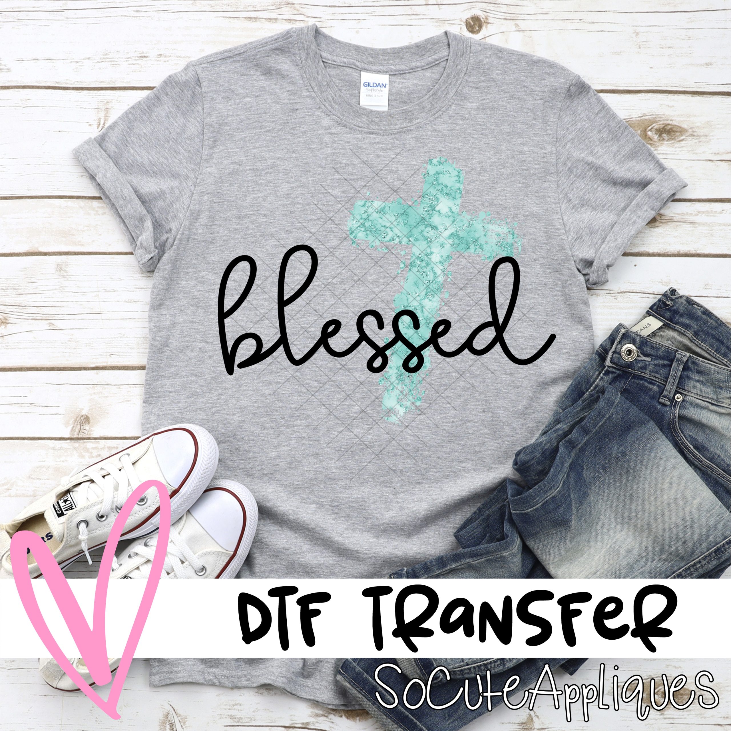 Blessed teal watercolor glitter cross  *DTF* Transfer