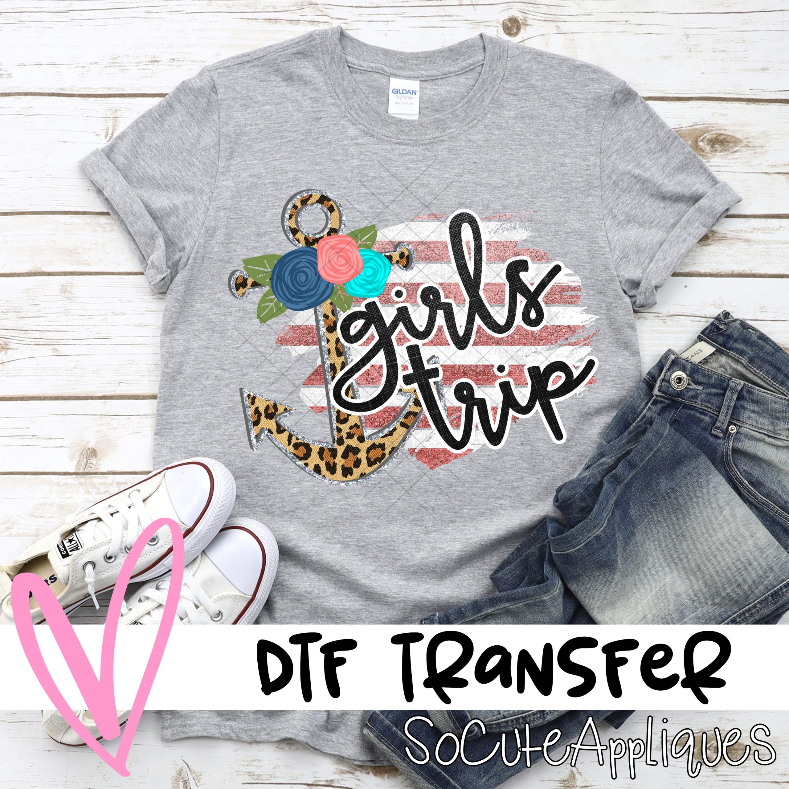 Girls trip anchor on pink glitter stripe  *DTF* Transfer