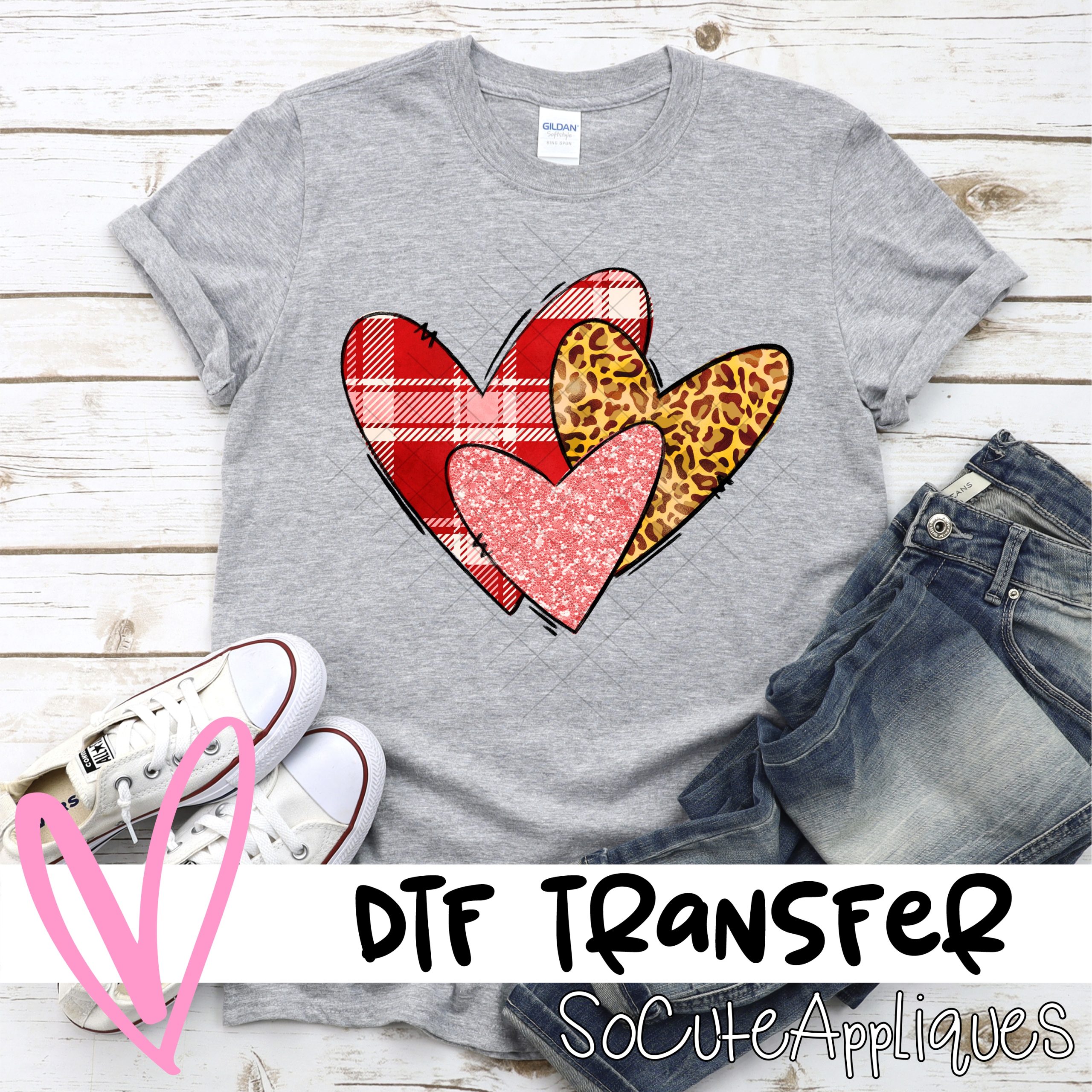 Leopard glitter and plaid hearts  *DTF* Transfer