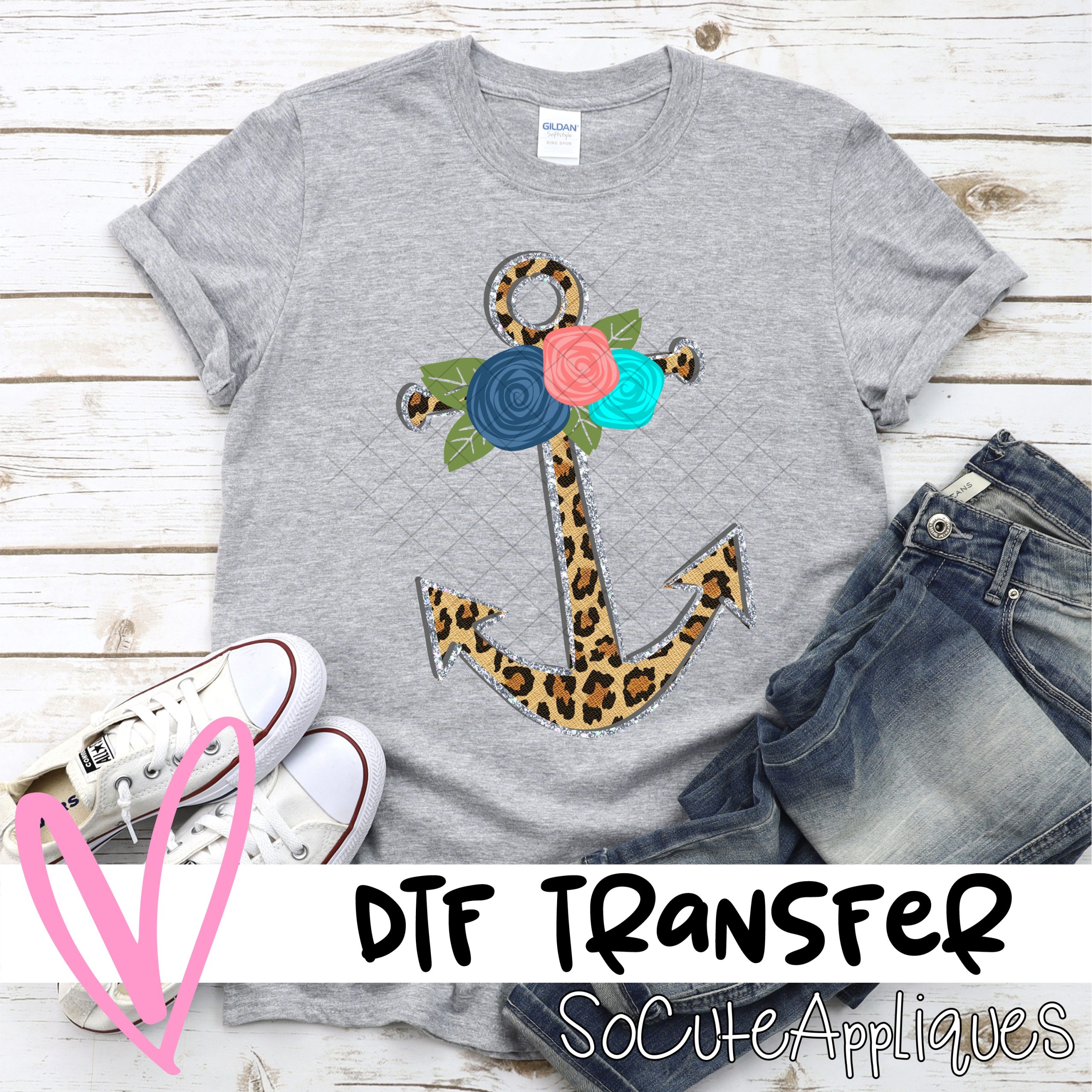 Leopard anchor with flowers  *DTF* Transfer