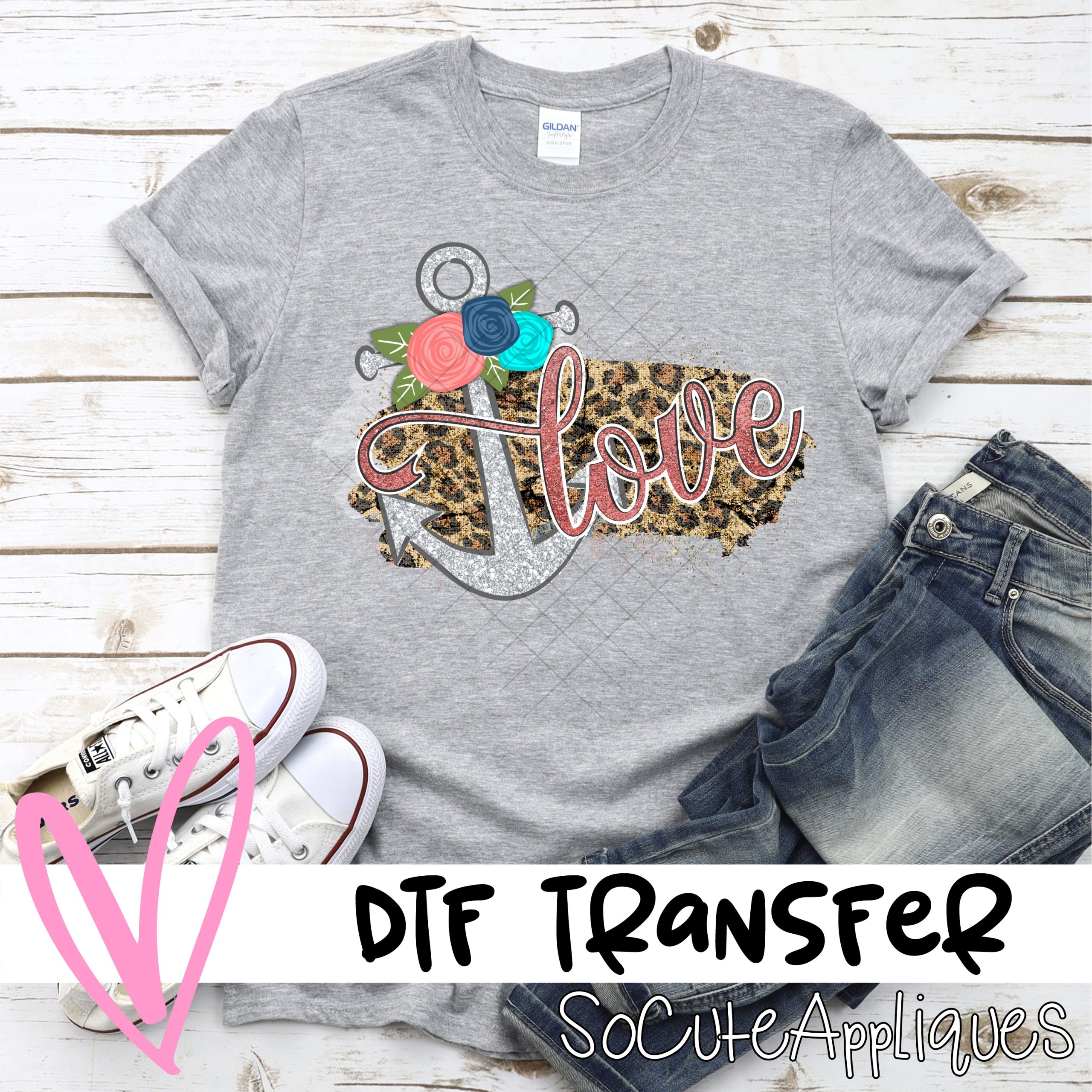 Silver anchor love on leopard  *DTF* Transfer