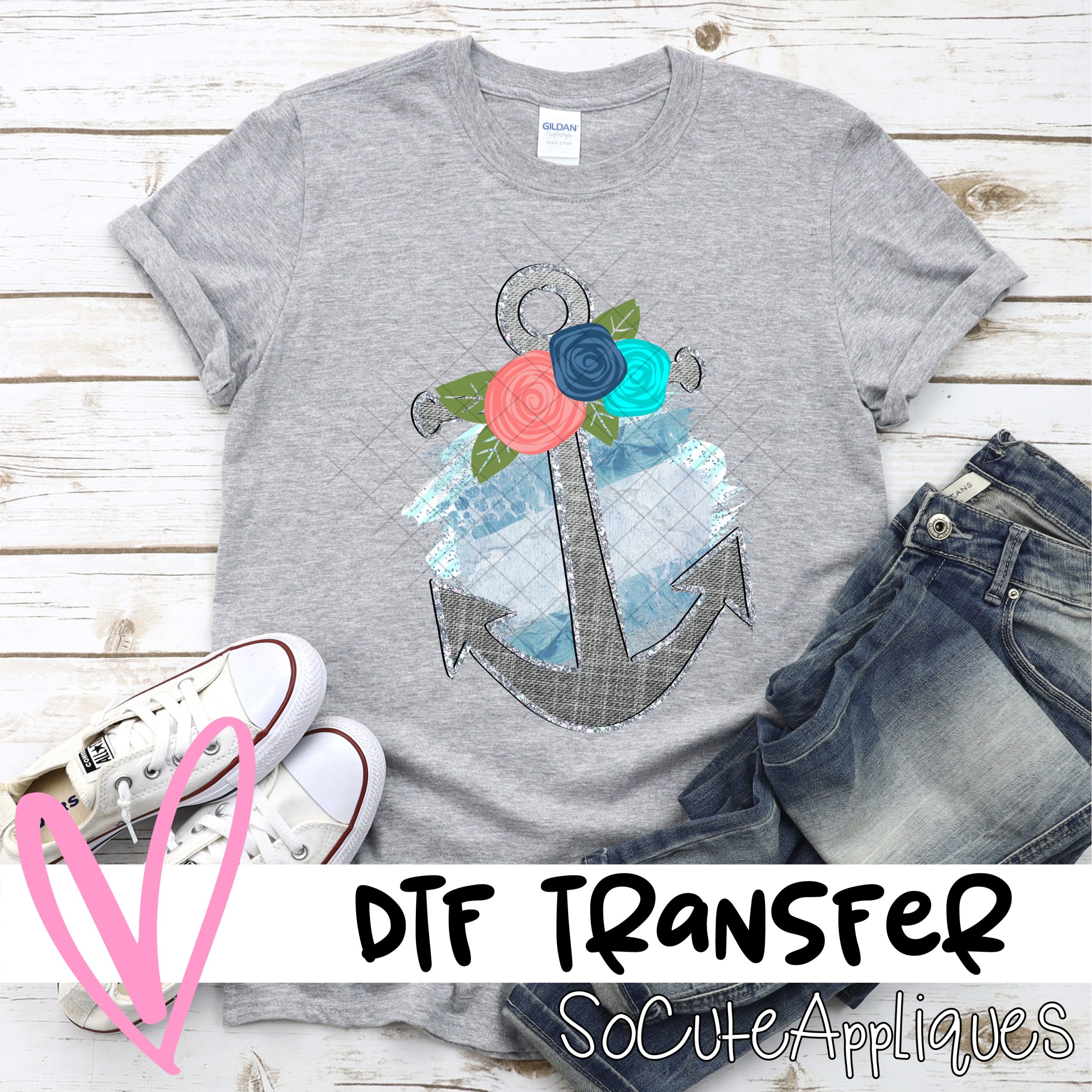 Gray anchor with flowers on blue  *DTF* Transfer