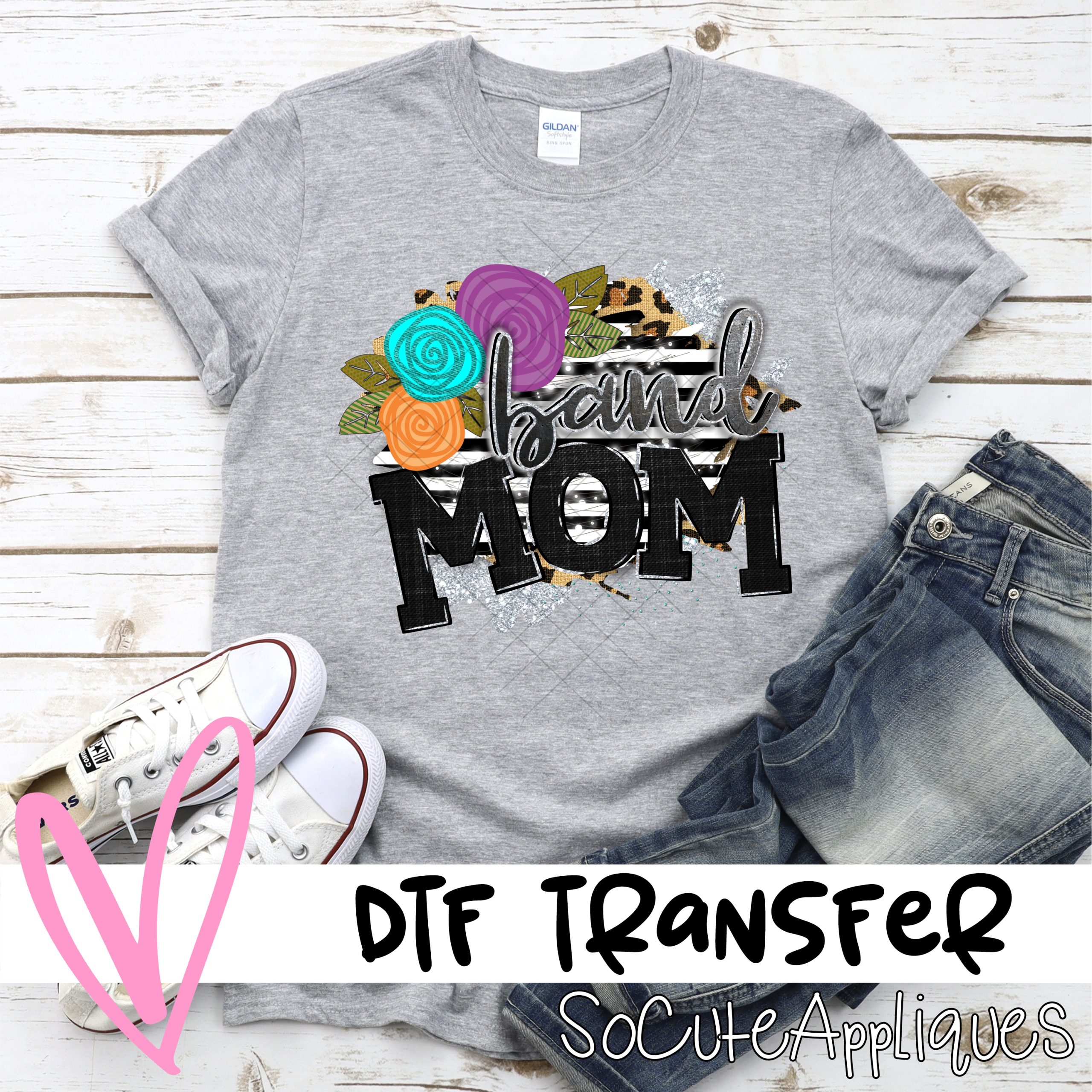 Band mom with flowers on black stripe  *DTF* Transfer