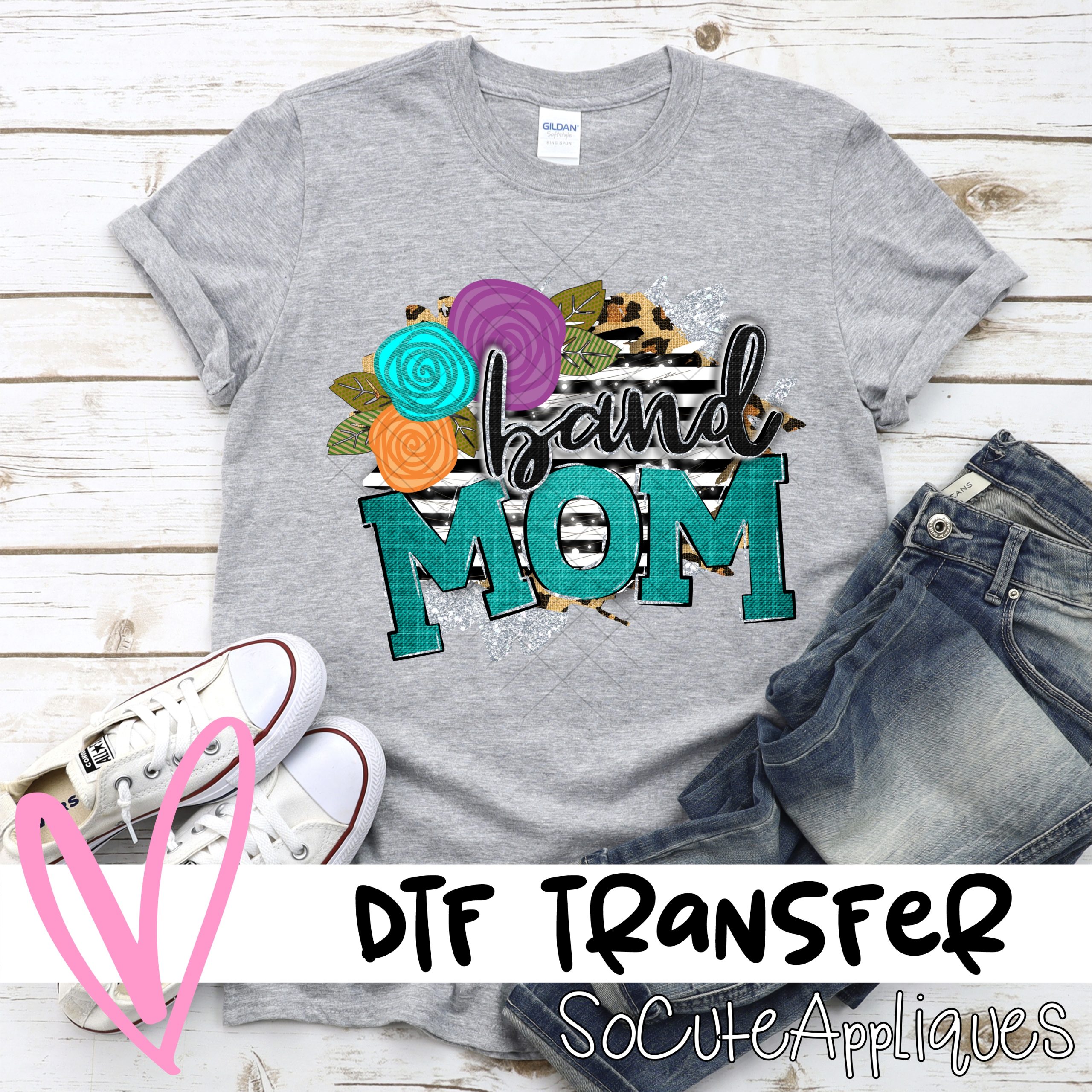 TEAL Band mom with flowers on black stripe  *DTF* Transfer