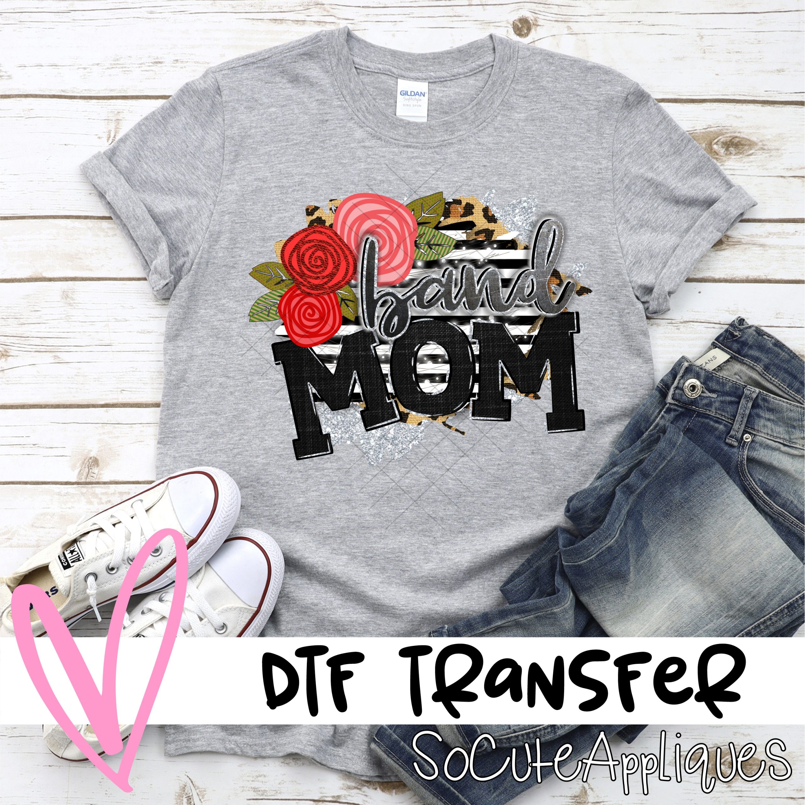 Band mom on stripes with red flowers  *DTF* Transfer