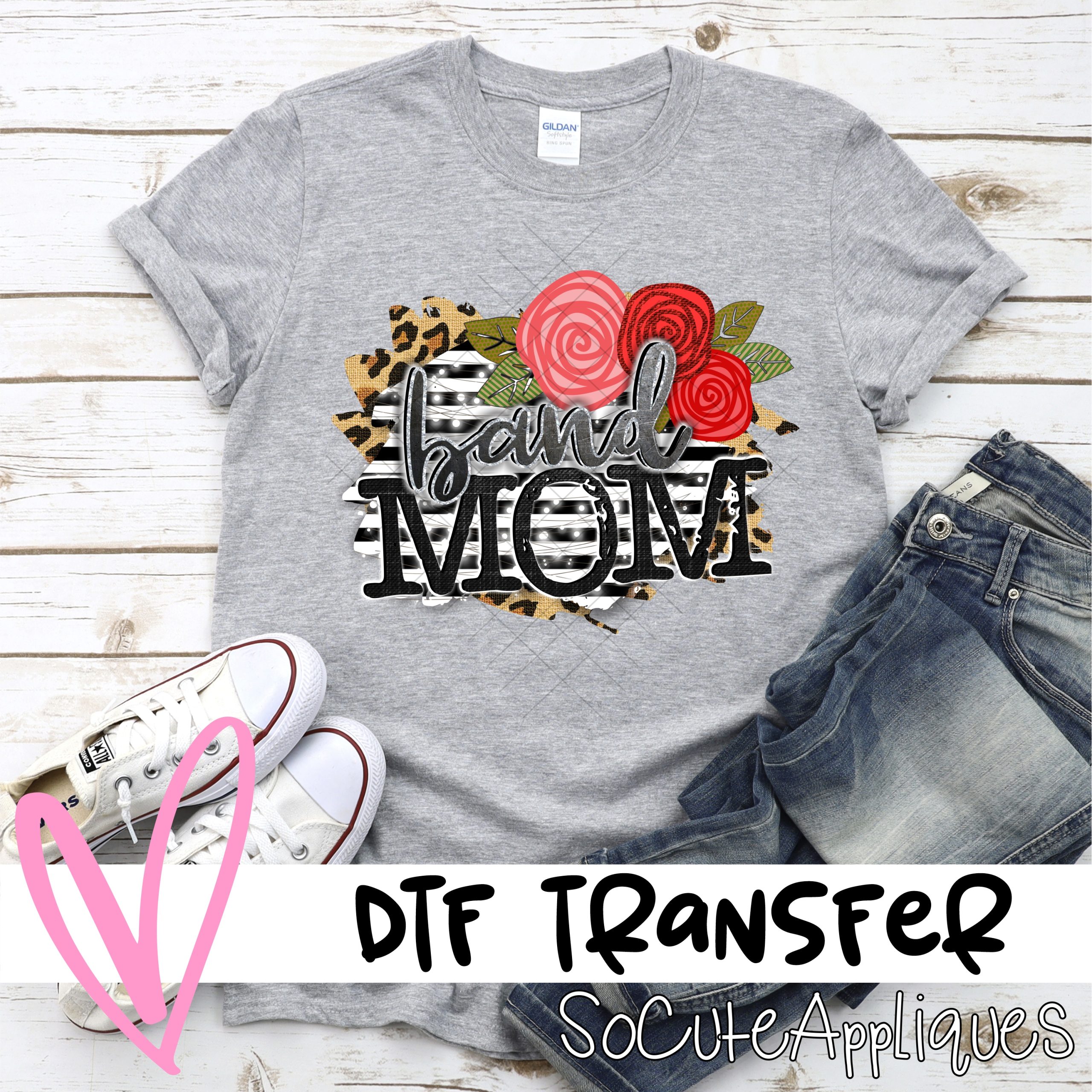 Band mom with red flowers on black stripe right  *DTF* Transfer