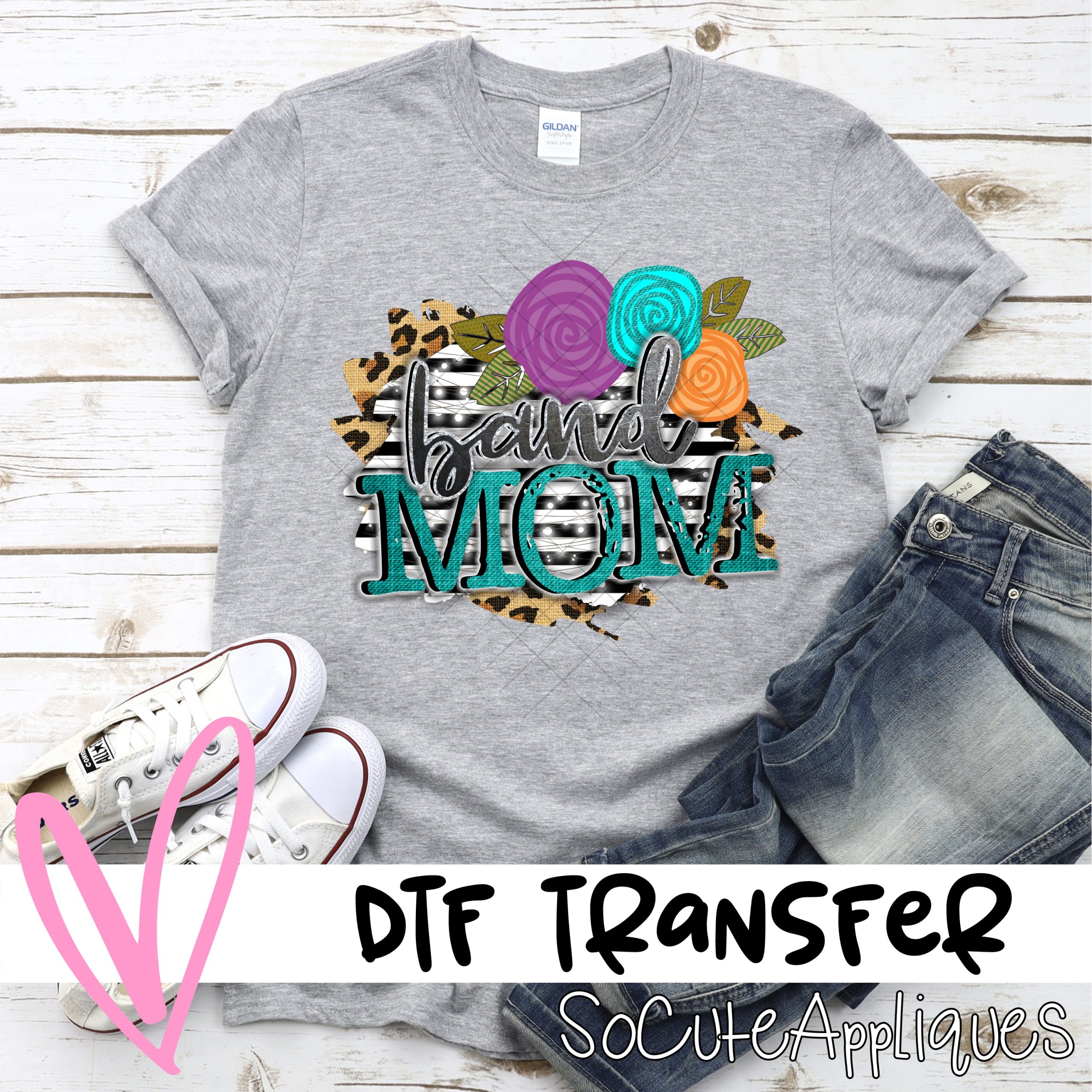 TEAL Band mom with flowers on black stripe right  *DTF* Transfer
