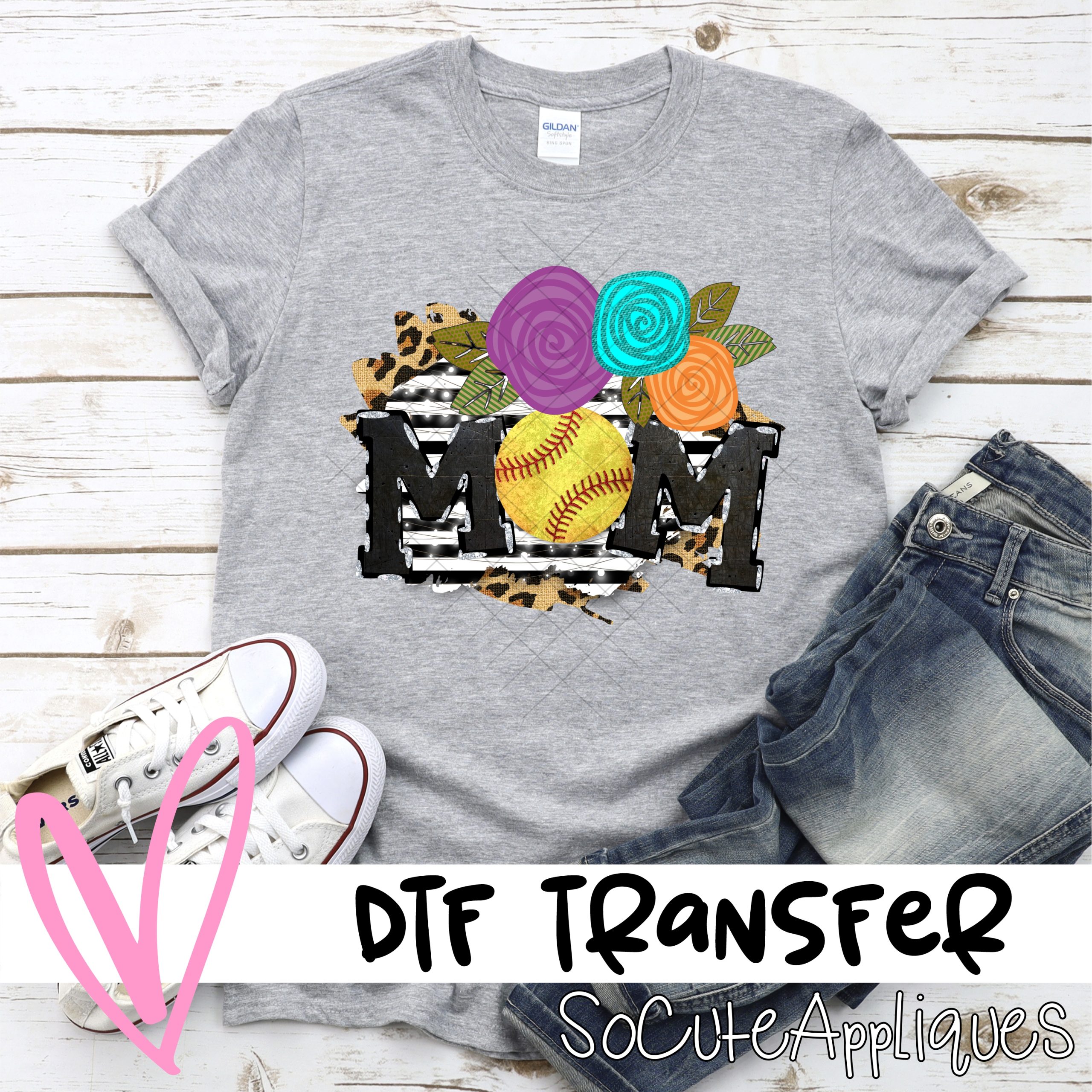 Mom softball O with flowers on black stripe right  *DTF* Transfer