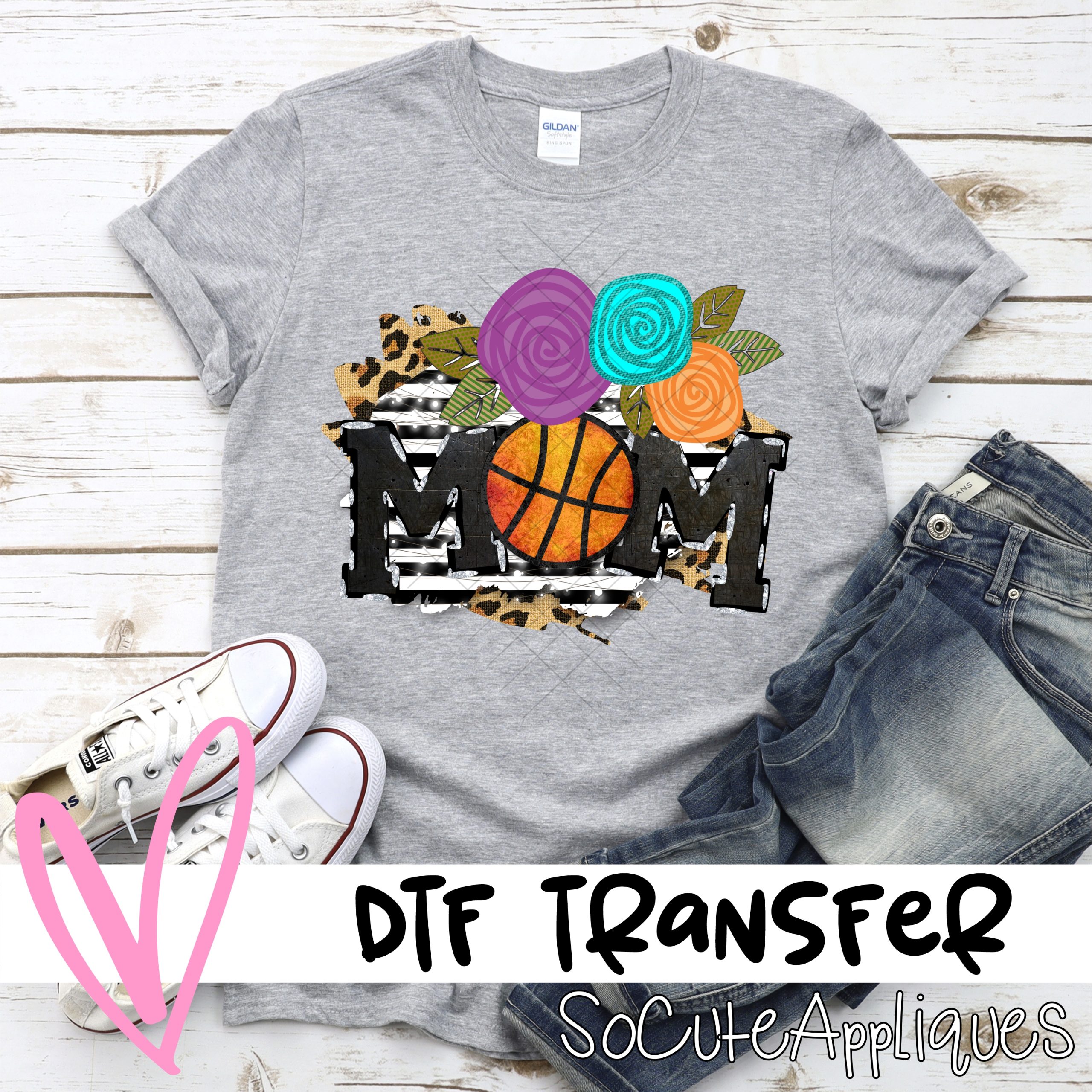 Mom basketball O with flowers on black stripe right  *DTF* Transfer