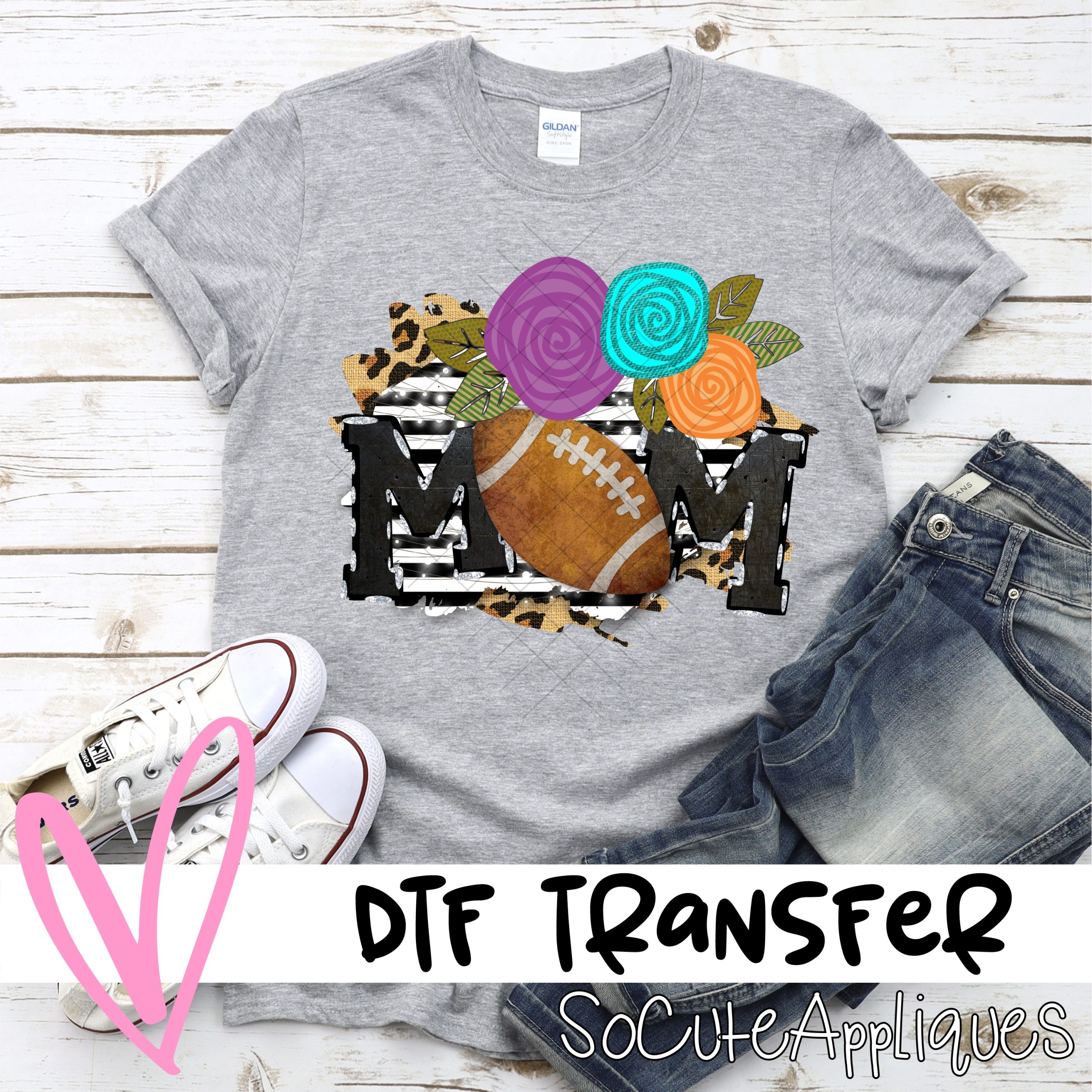Mom football O with flowers on black stripe right  *DTF* Transfer