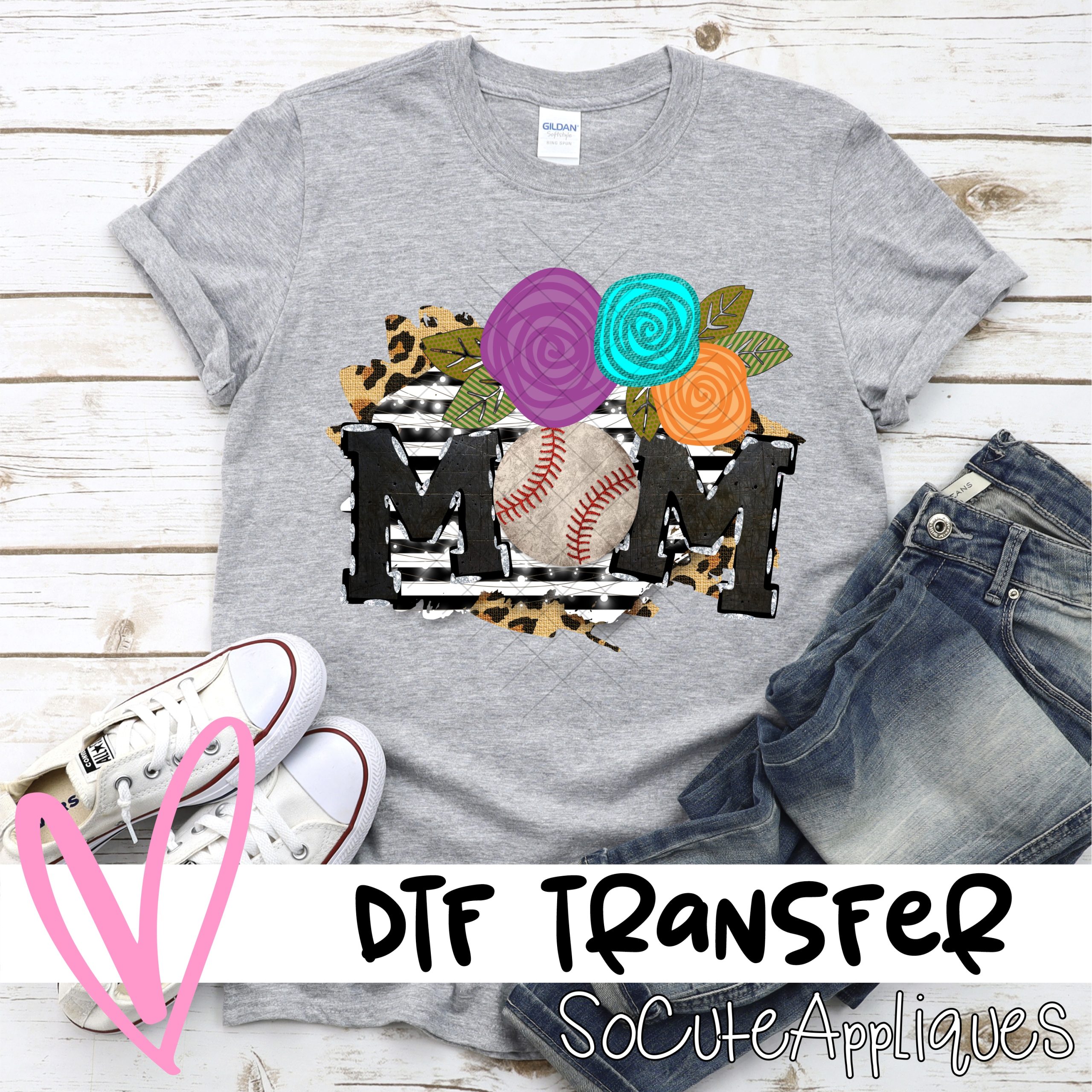 Mom baseball O with flowers on black stripe right  *DTF* Transfer
