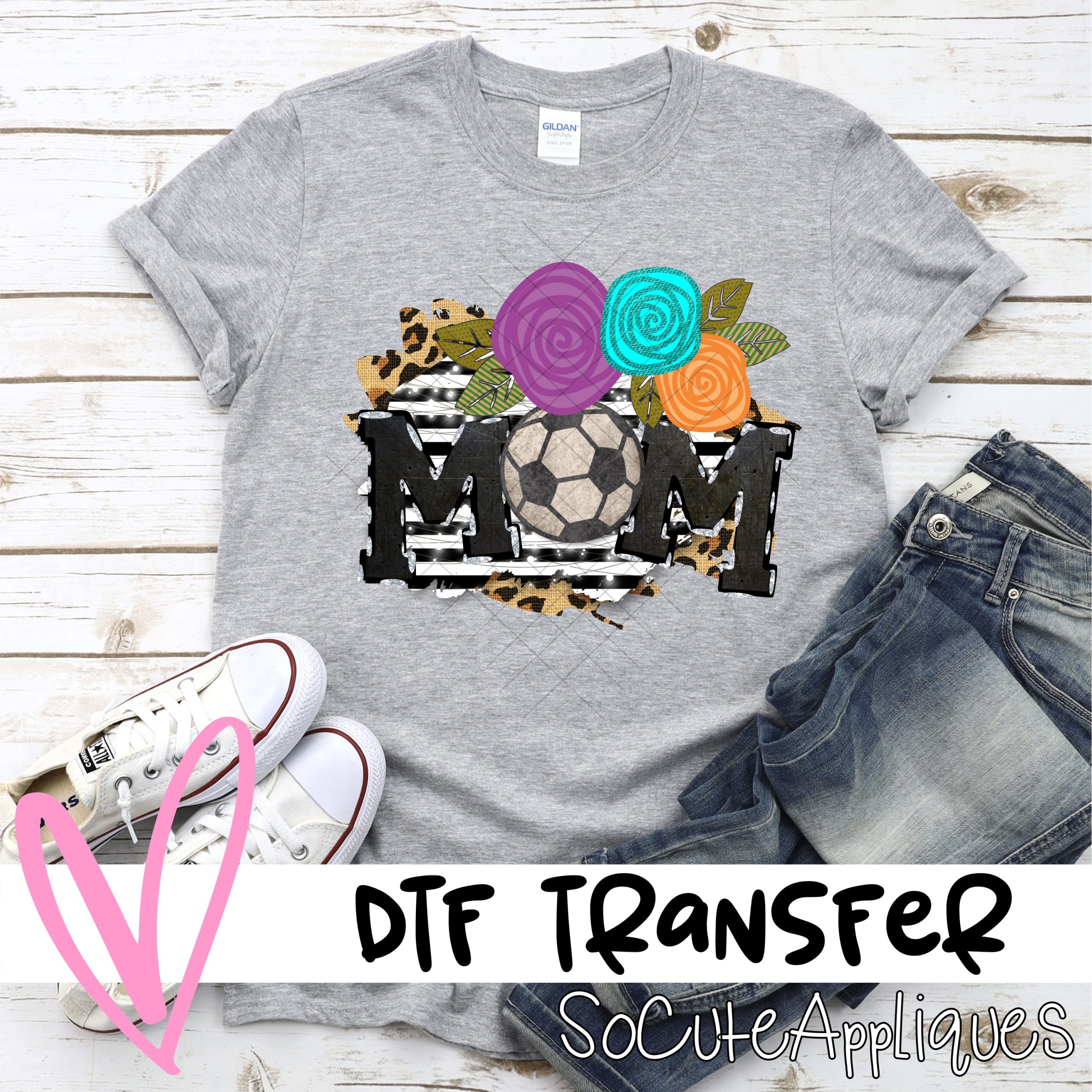 Mom soccer O with flowers on black stripe right  *DTF* Transfer