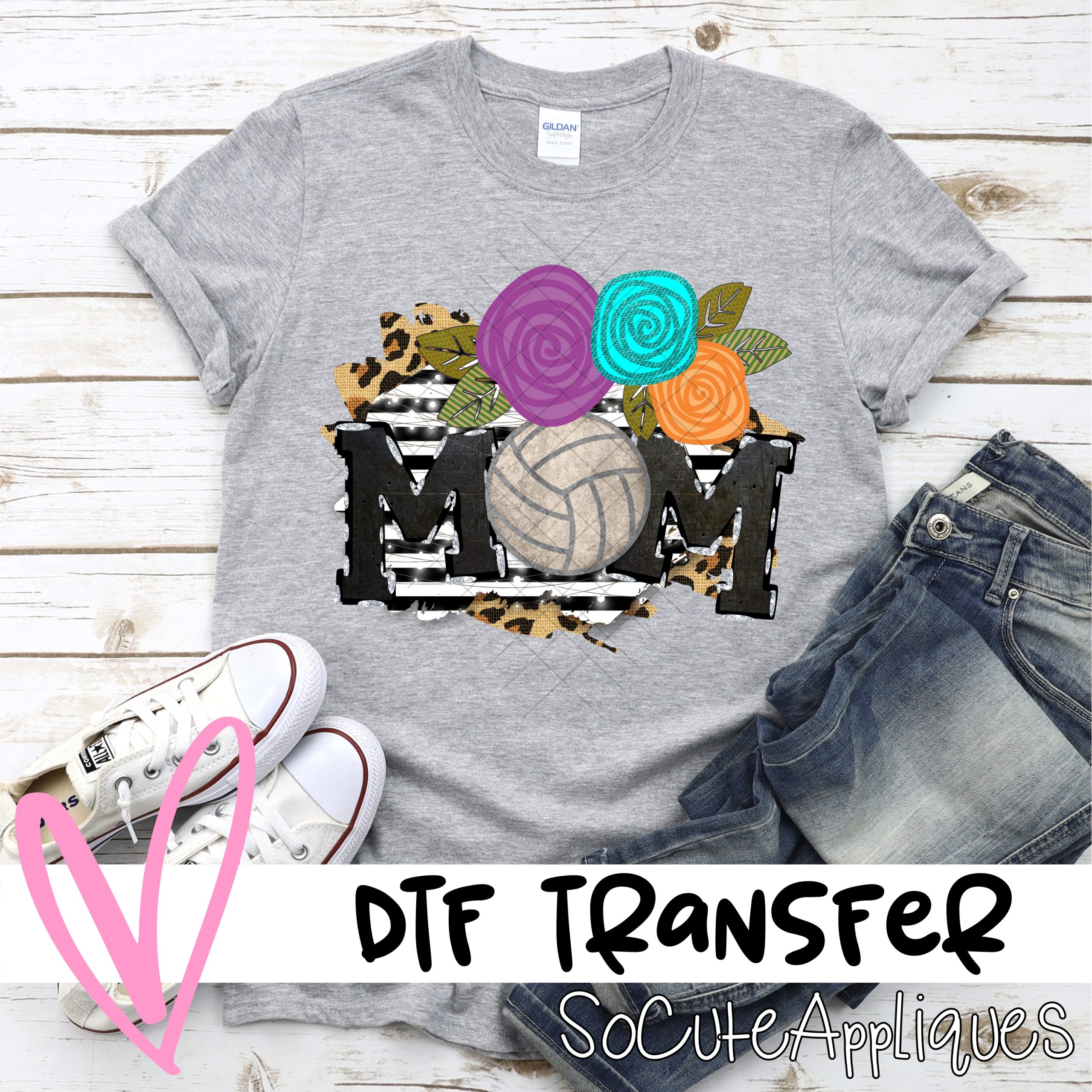 Mom volleyball O with flowers on black stripe right  *DTF* Transfer