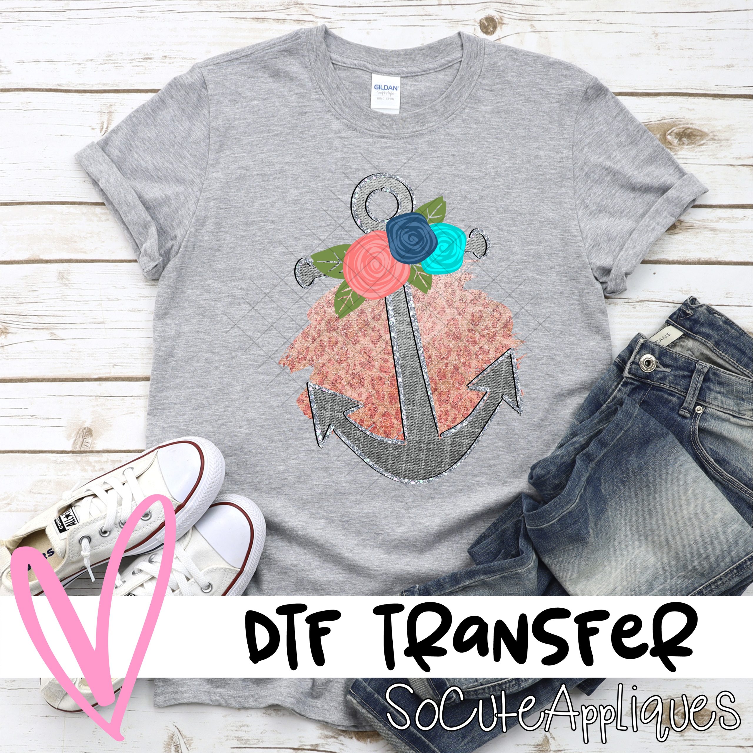 Gray anchor with flowers on pink leopard  *DTF* Transfer