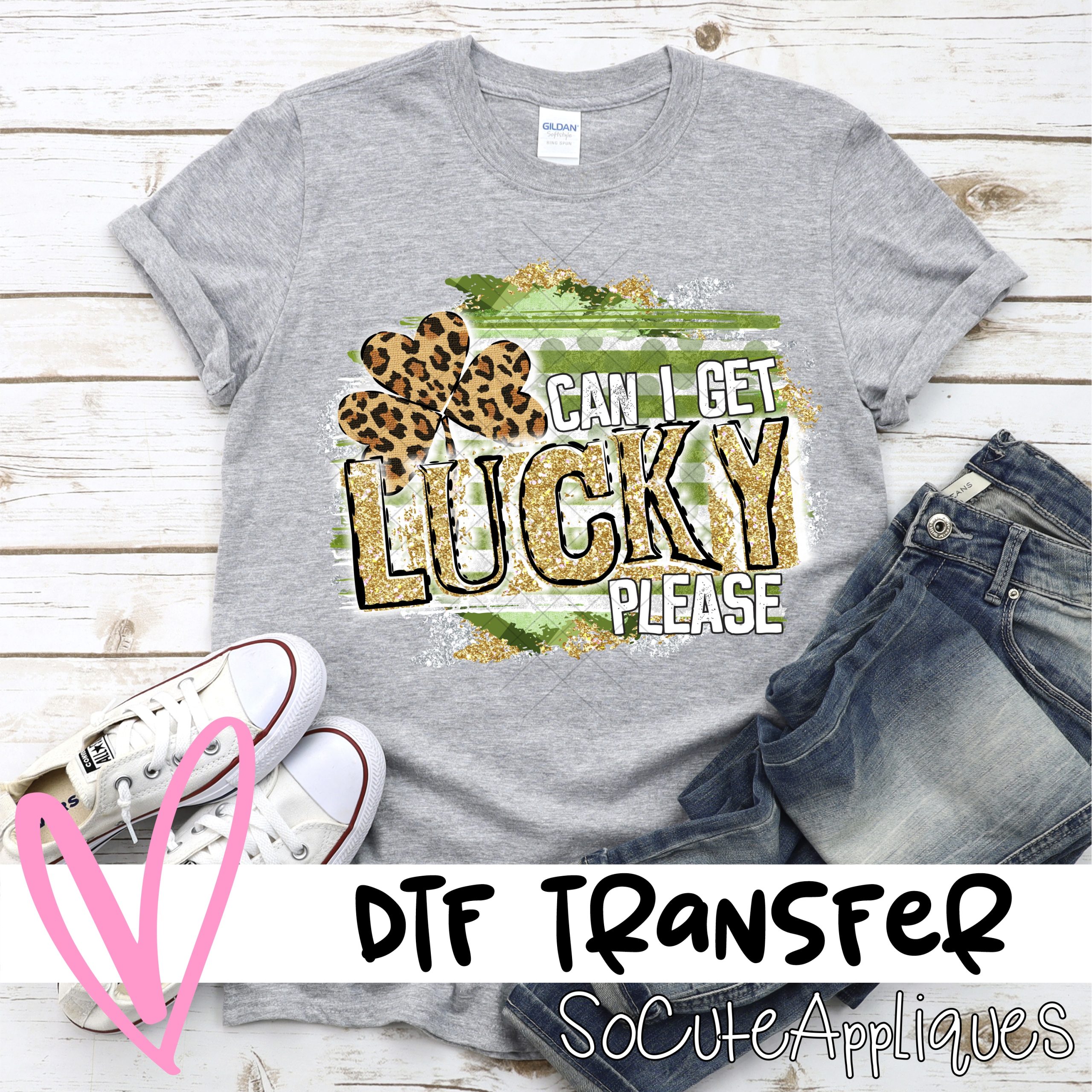 Can I get Lucky gold leopard clover on green gold background *DTF* Transfer