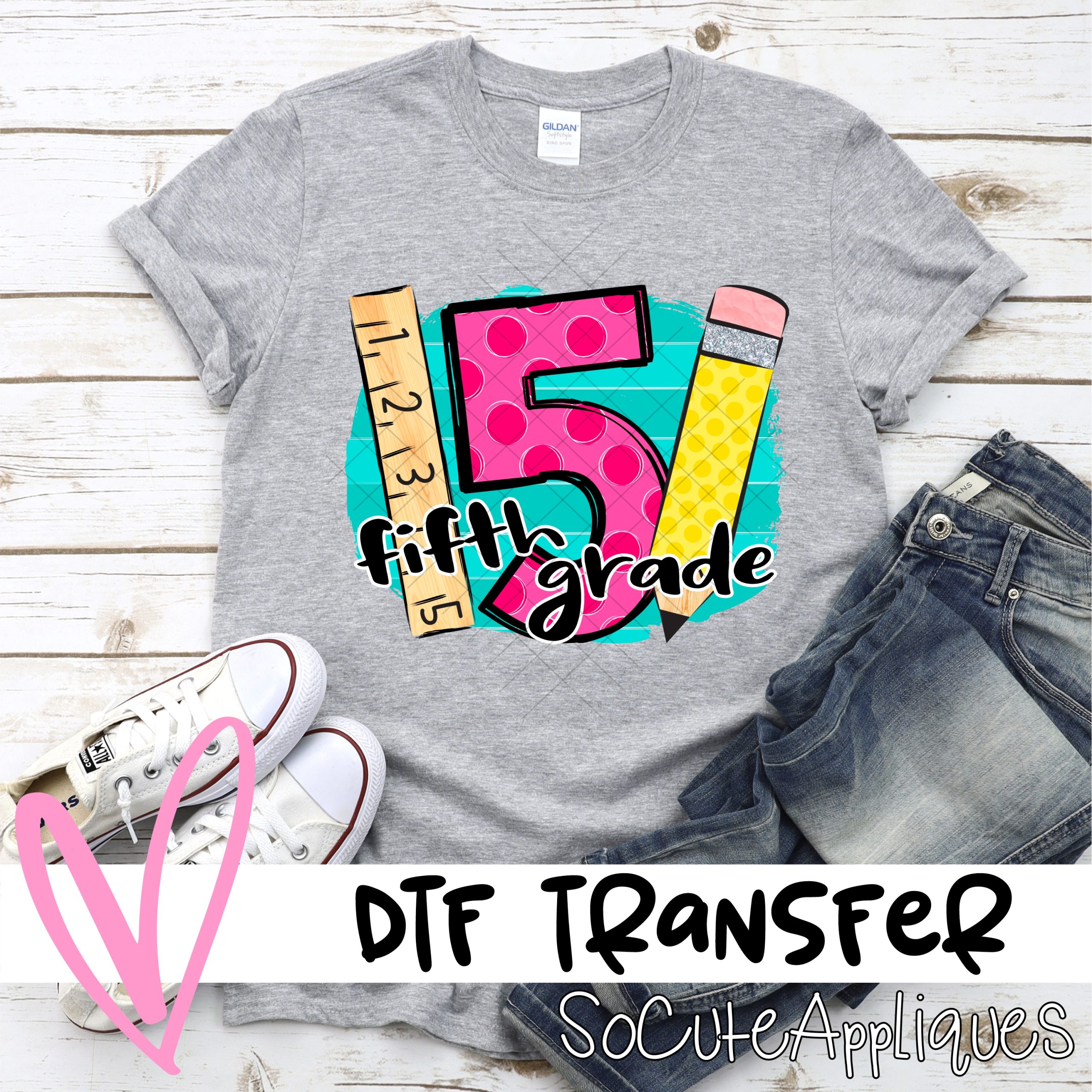 Fifth Grade polka dot letter on blue stripe with pencil and ruler *DTF* Transfer