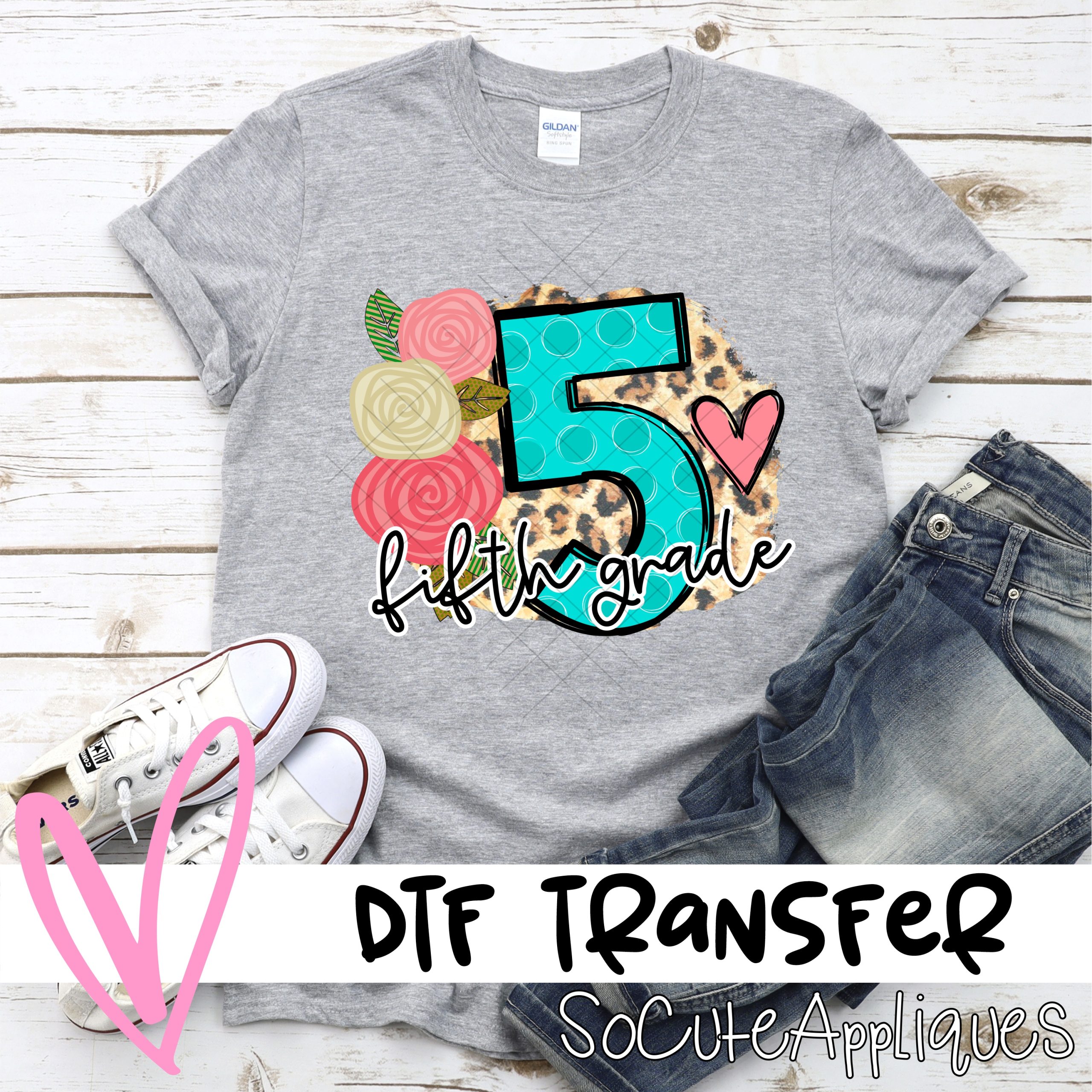 Fifth grade polka dot letter with roses on leopard *DTF* Transfer