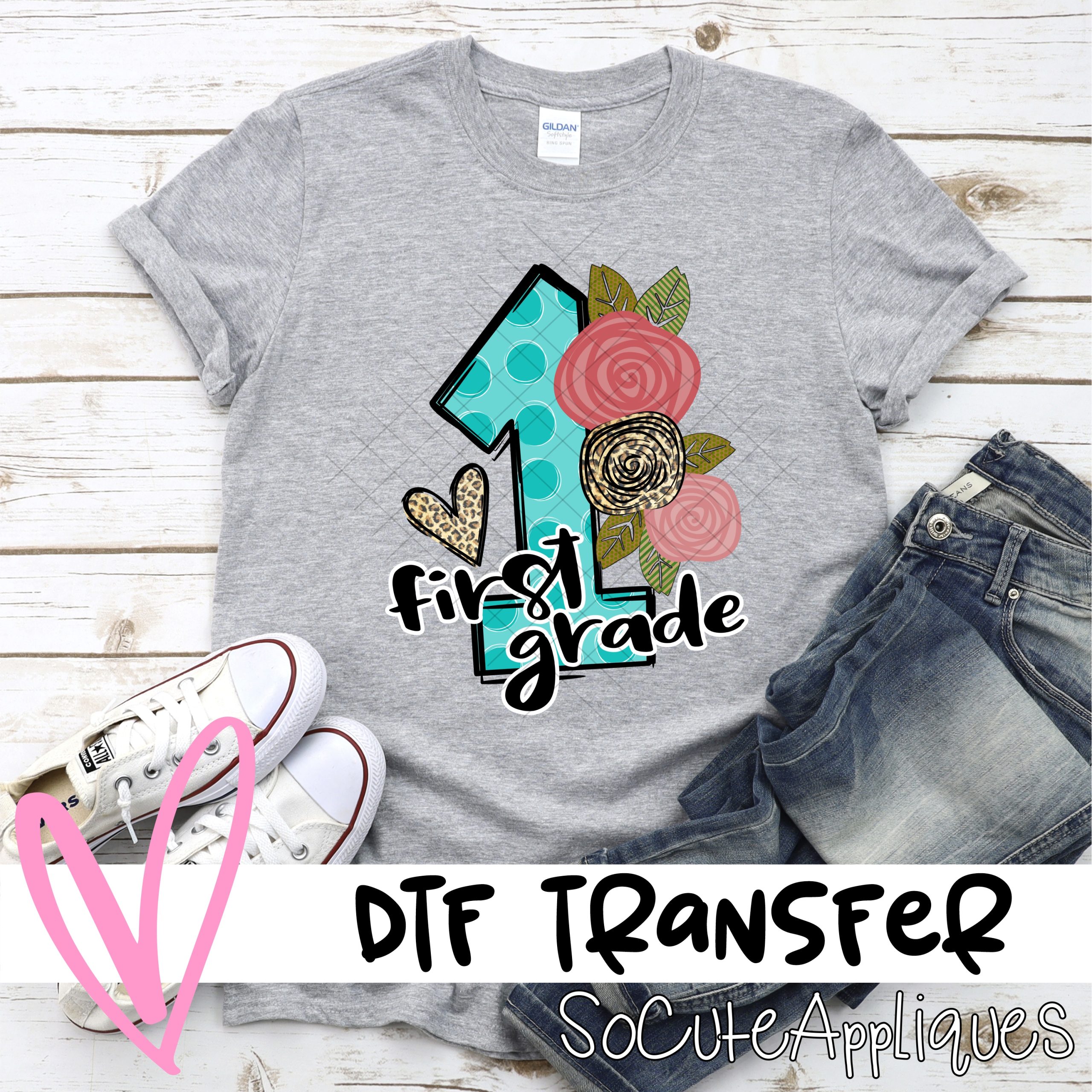 First grade Blue dot with flowers *DTF* Transfer