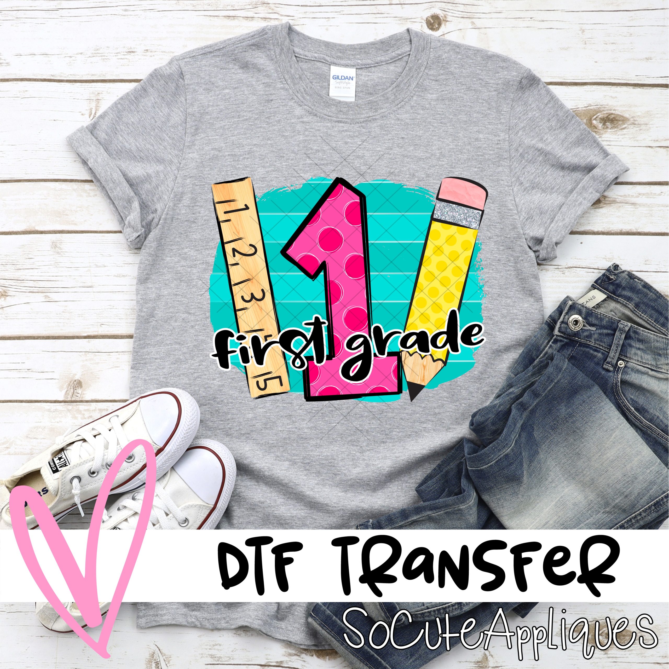 First Grade polka dot letter on blue stripe with pencil and ruler *DTF* Transfer