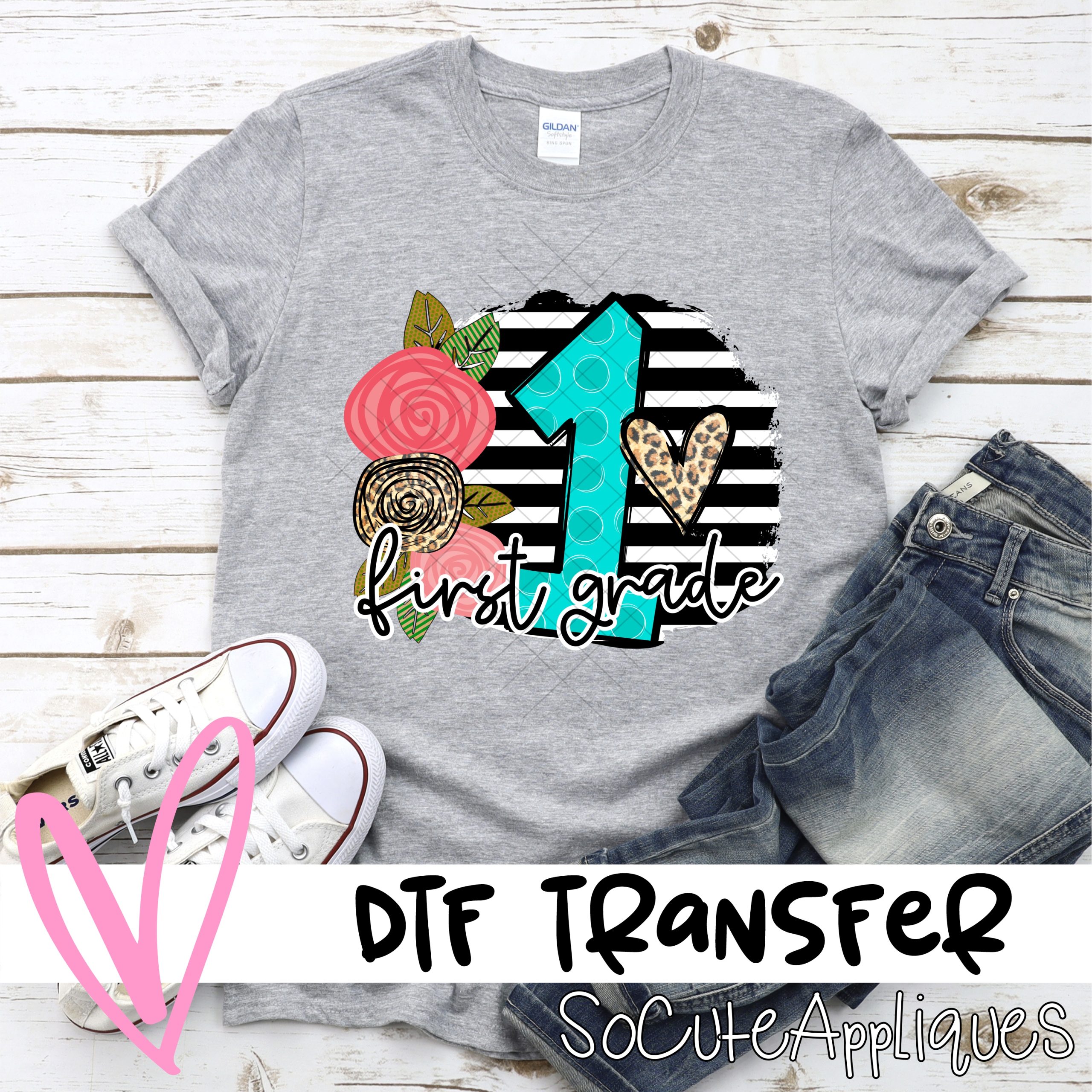 First Grade polka dot letter with roses on black stripe *DTF* Transfer
