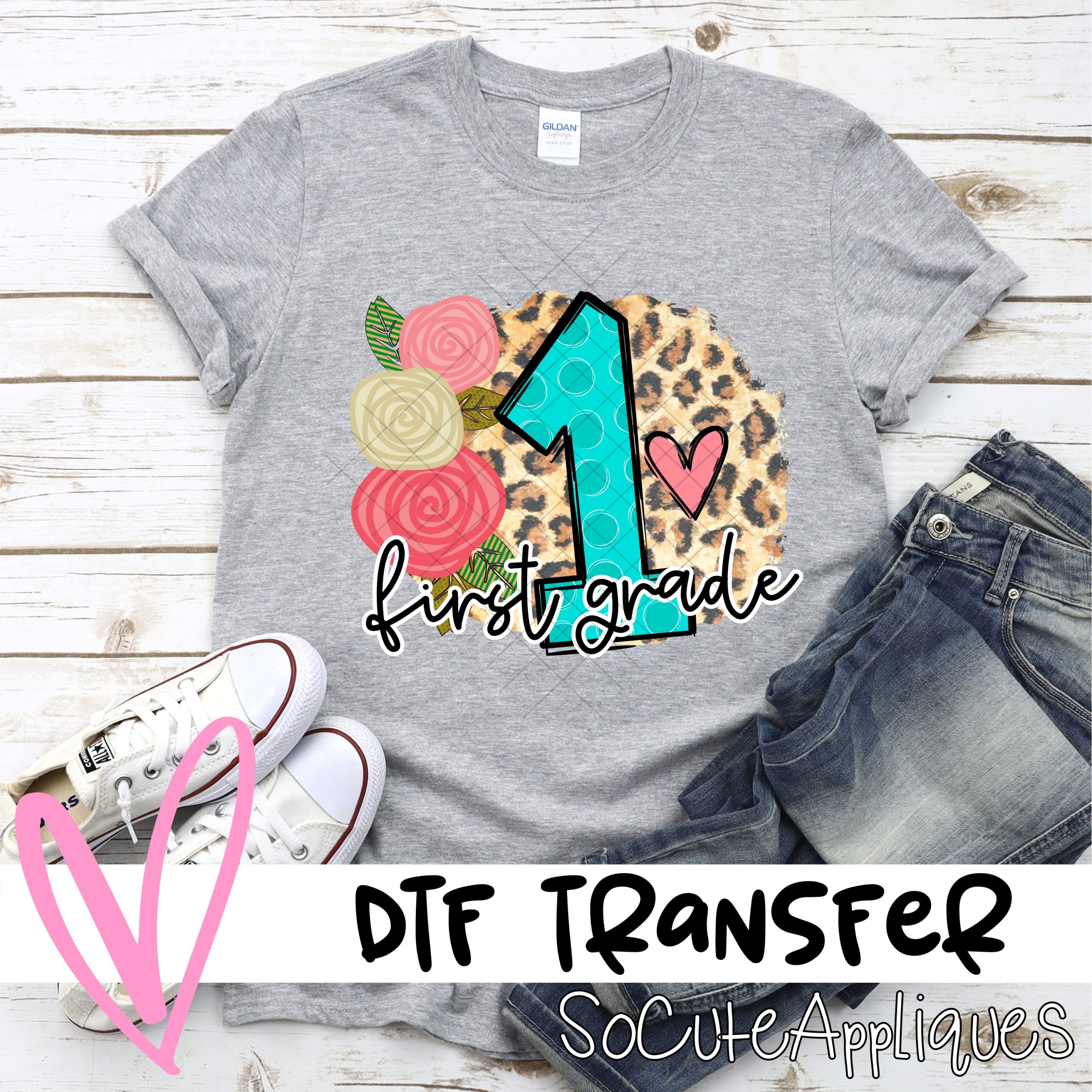 First grade polka dot letter with roses on leopard *DTF* Transfer